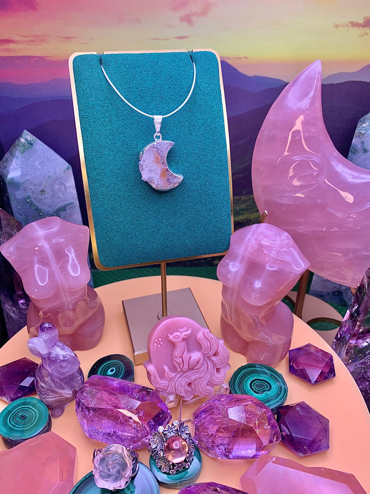 Amethyst Druzy Crescent Moon Pendant (Sterling Silver)