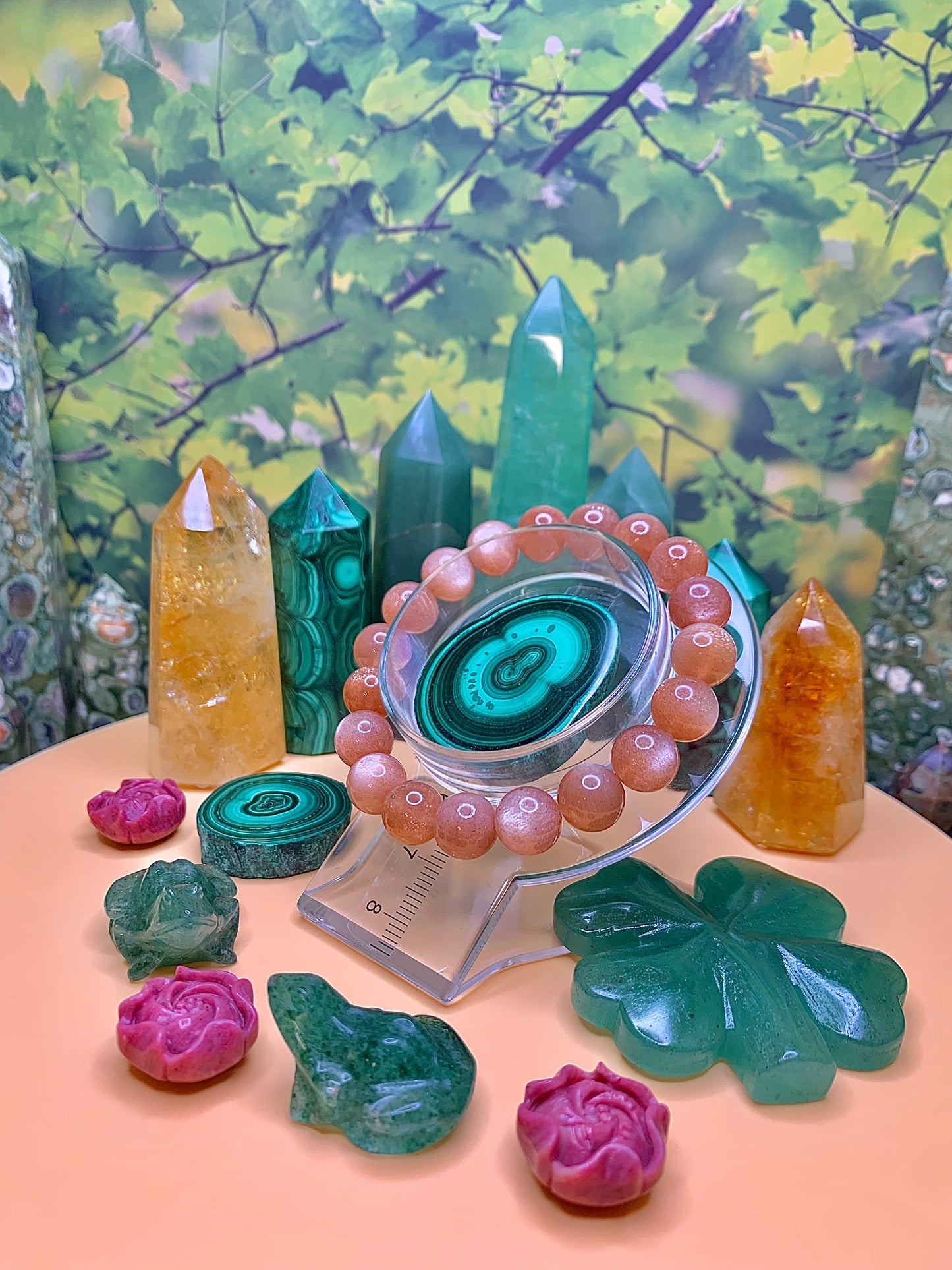 Peach Moonstone Round Bead Bracelet 10mm