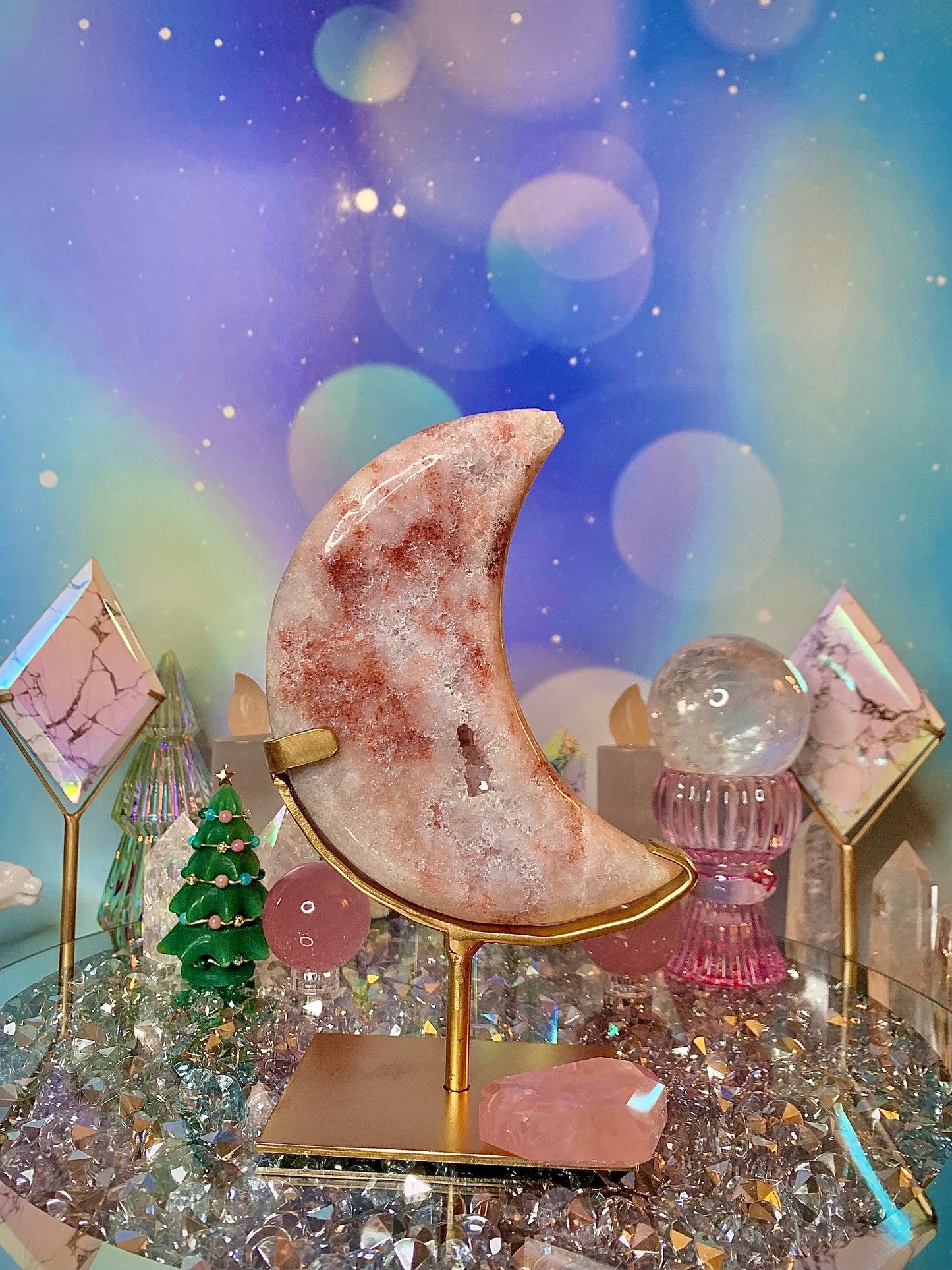 Pink Amethyst Crescent Moon ๐ on Stand