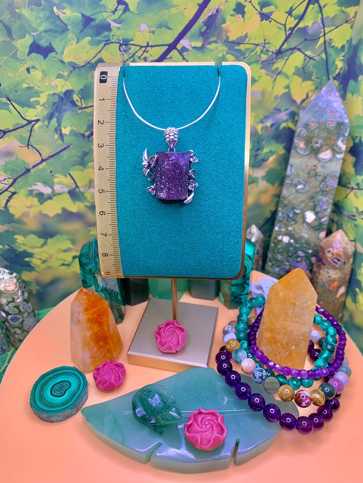 Iolite with Confetti Sunstone Pendant set in Sterling Silver (Vintage Style)