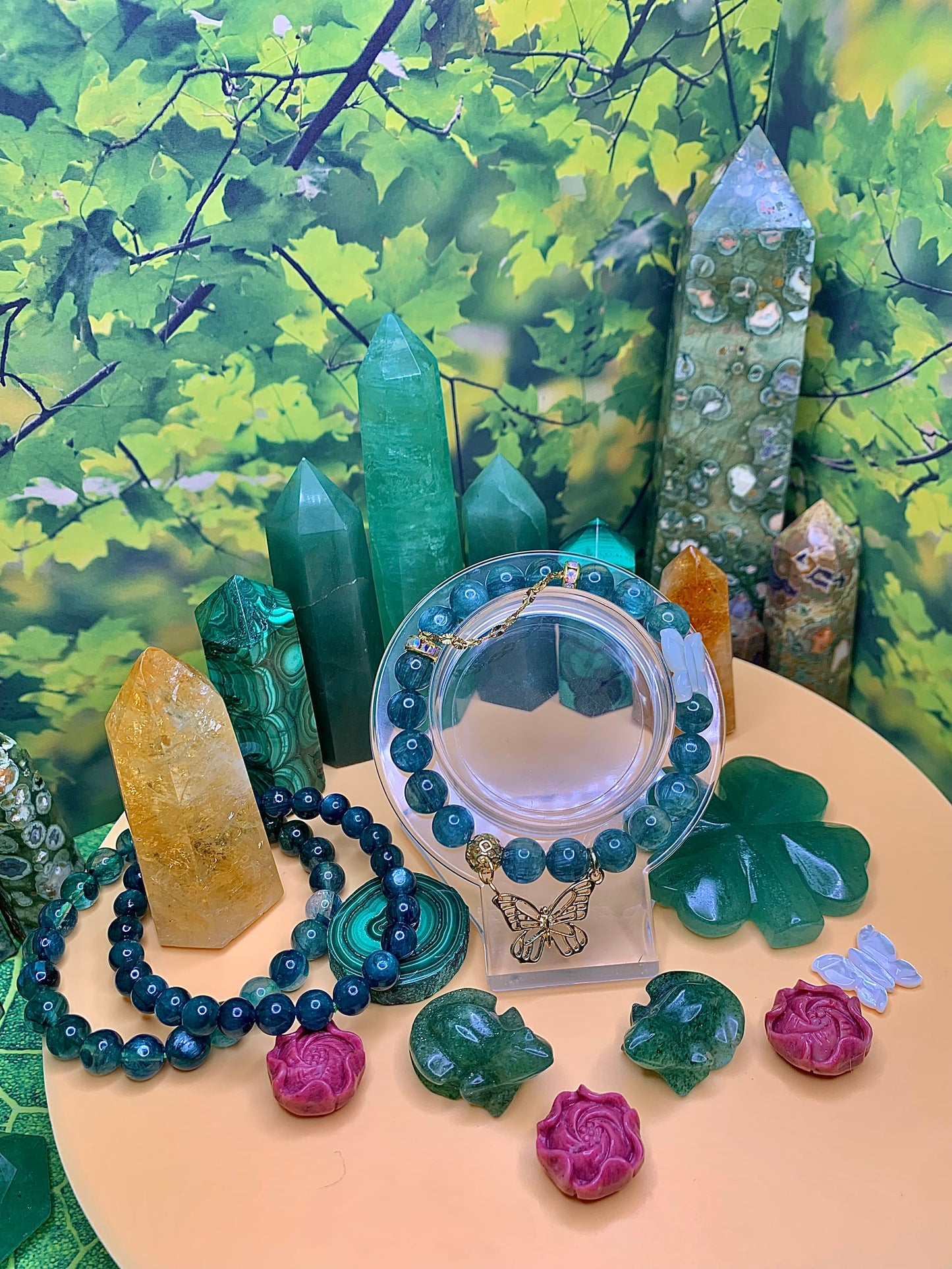 Aqua Blue/Green Kyanite Round Bead Bracelet with Pearl & Gold Butterfly Accents