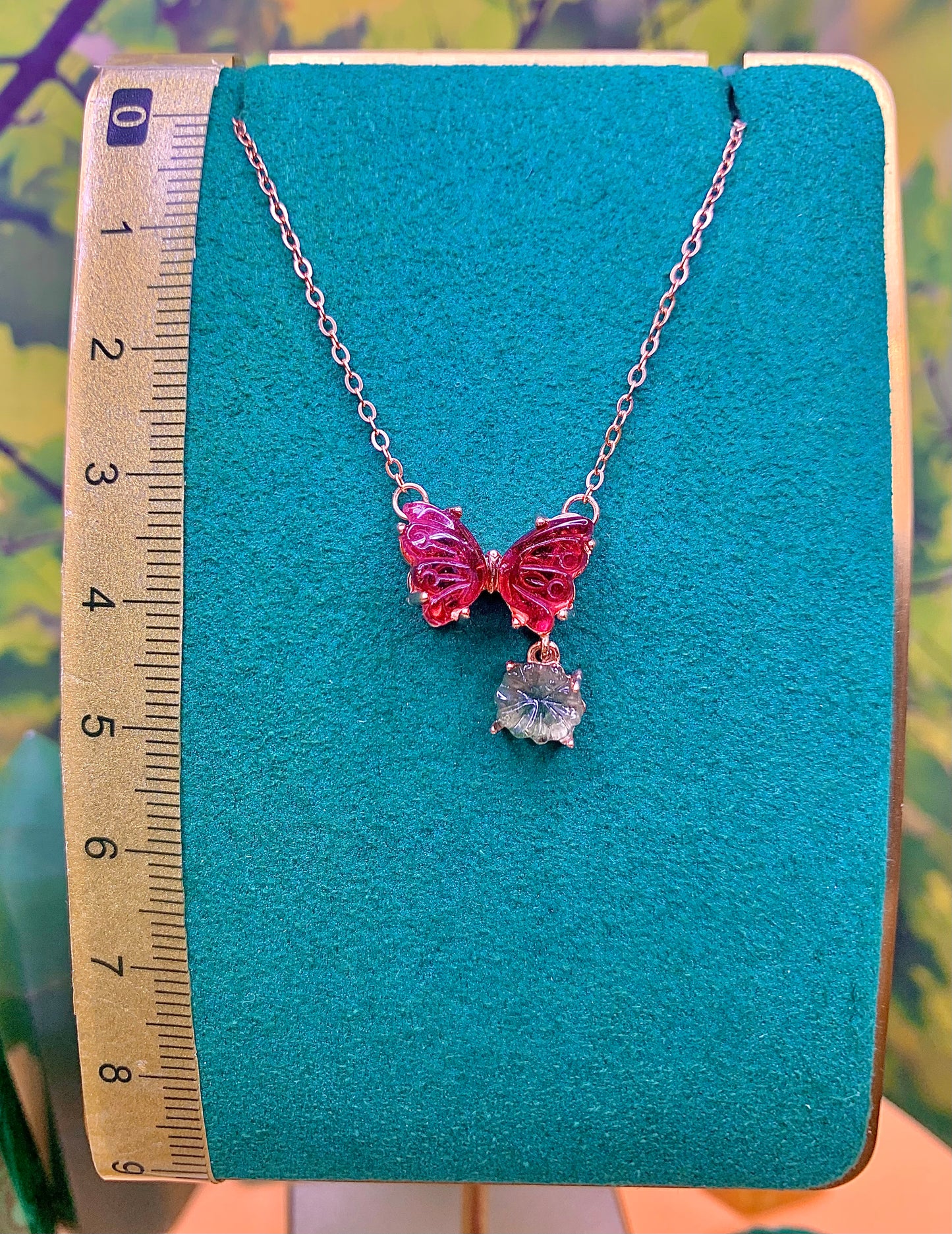 Pink Tourmaline Butterfly 🦋 with Flower Charm set in a plated Rose Gold over Alloy