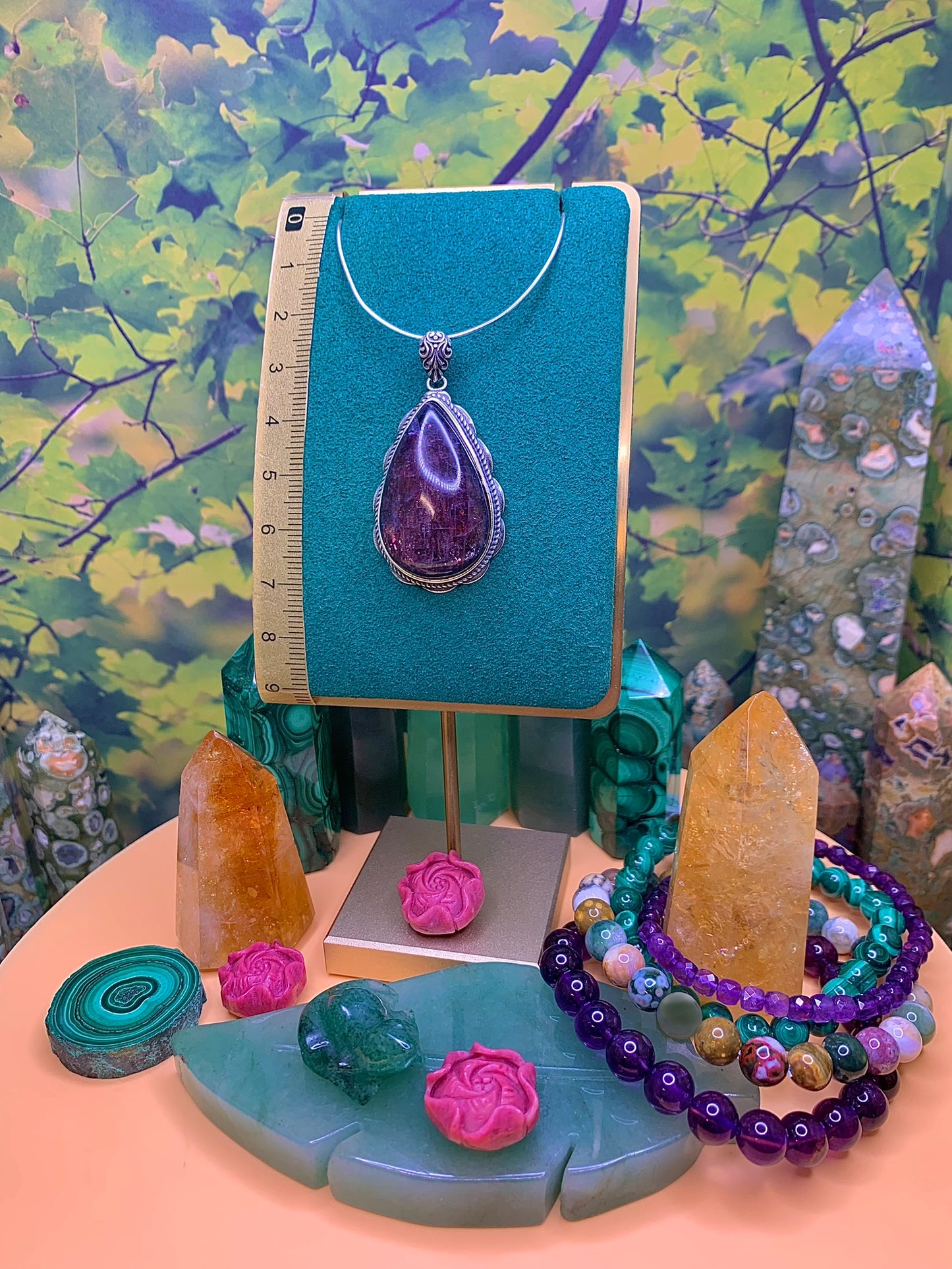 Iolite with Confetti Sunstone Pendant set in Sterling Silver (Vintage Style)