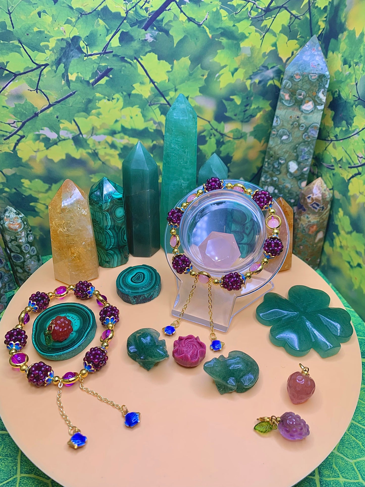 Purple Garnet Berry Bracelet With Pink Chalcedony and Gold Colored Accents