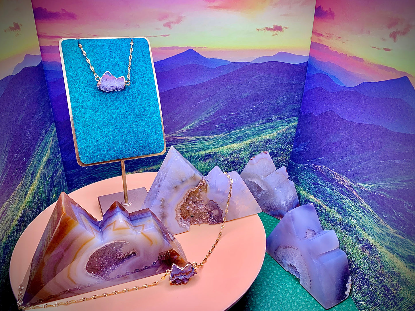 Gold Plated Druzy Agate Mountain ⛰️ Pendant on Gold Plated Chain.