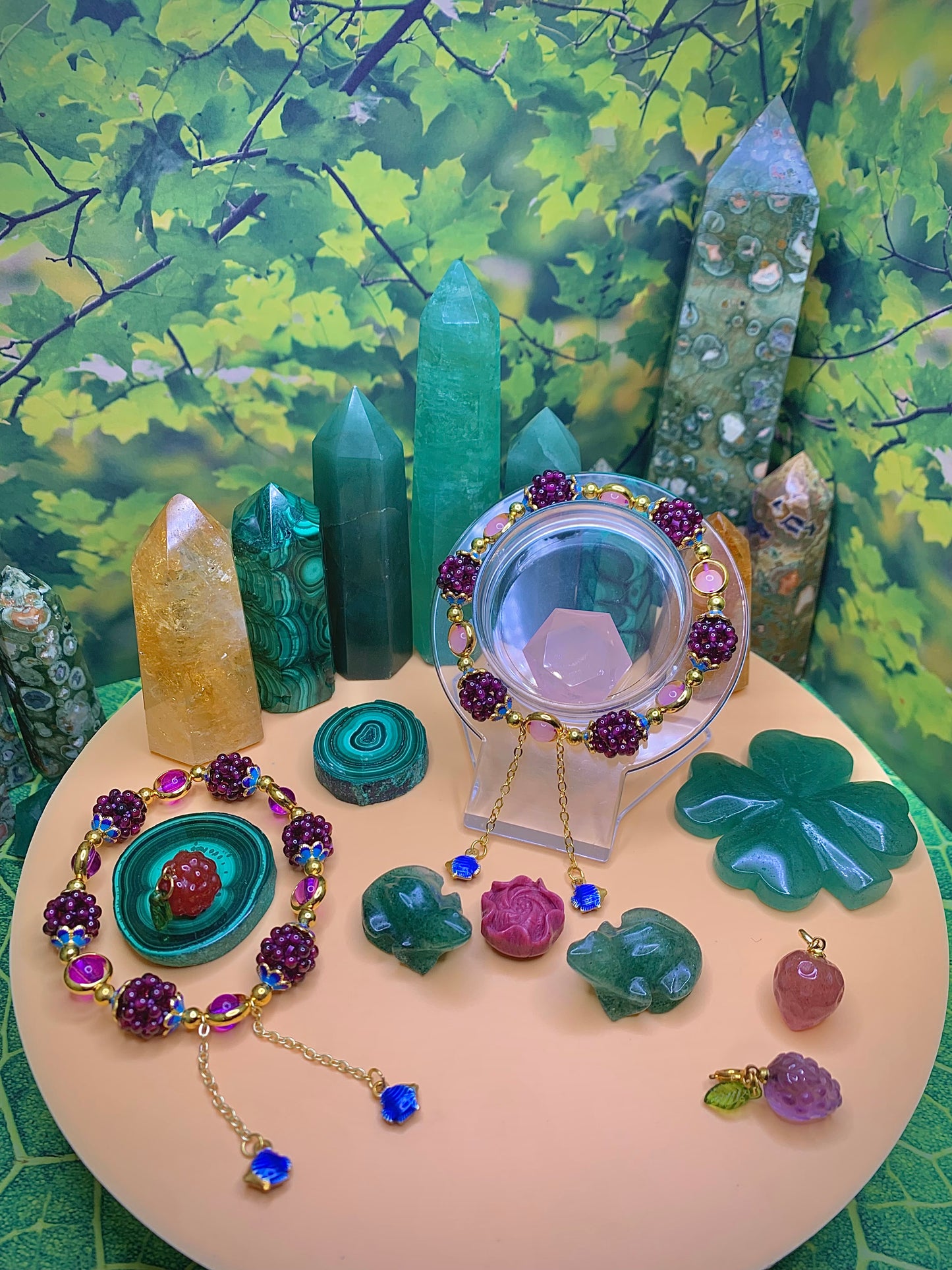 Purple Garnet Berry Bracelet With Pink Chalcedony and Gold Colored Accents