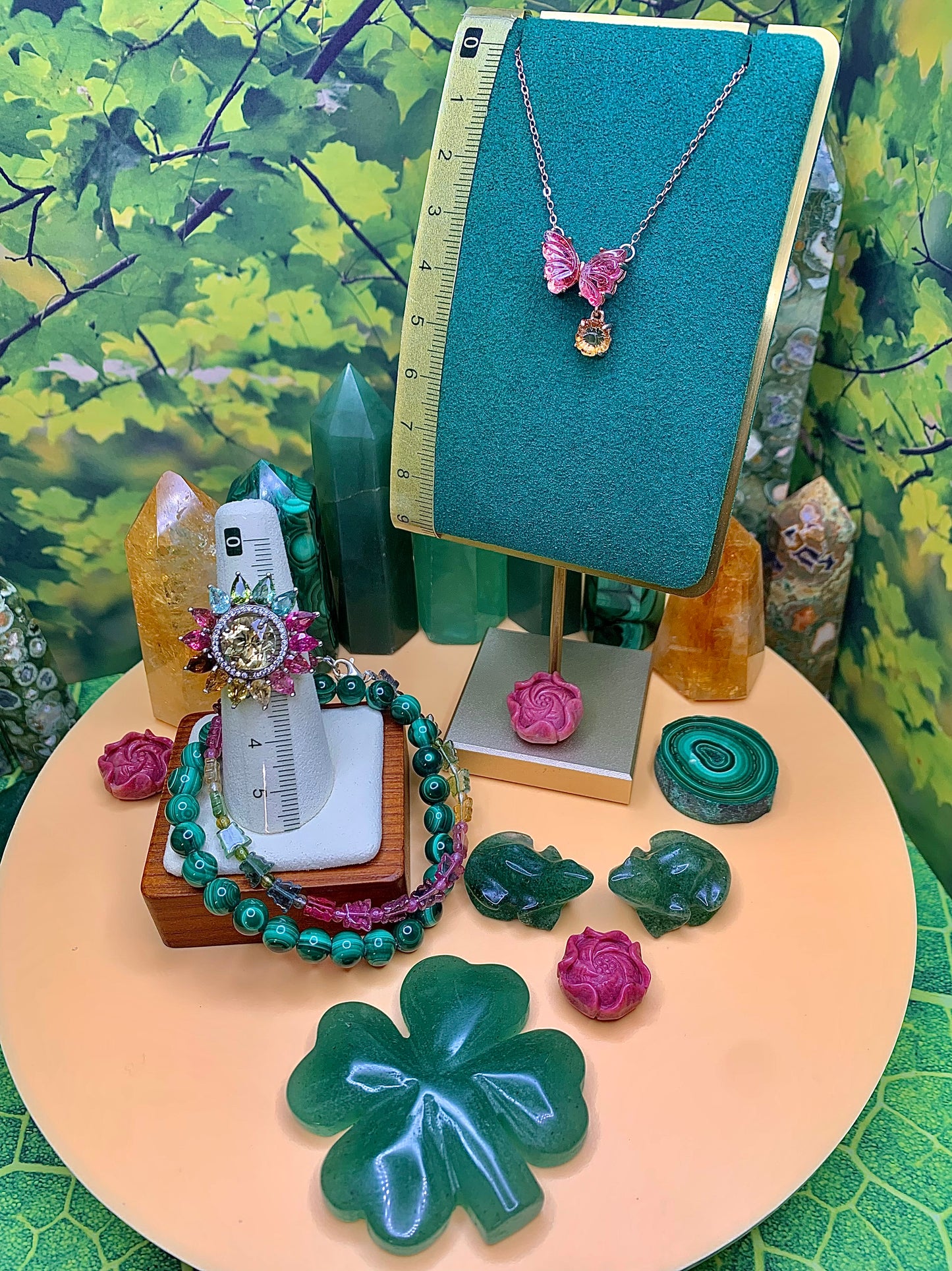 Pink Tourmaline Butterfly 🦋 with Flower Charm set in a plated Rose Gold over Alloy