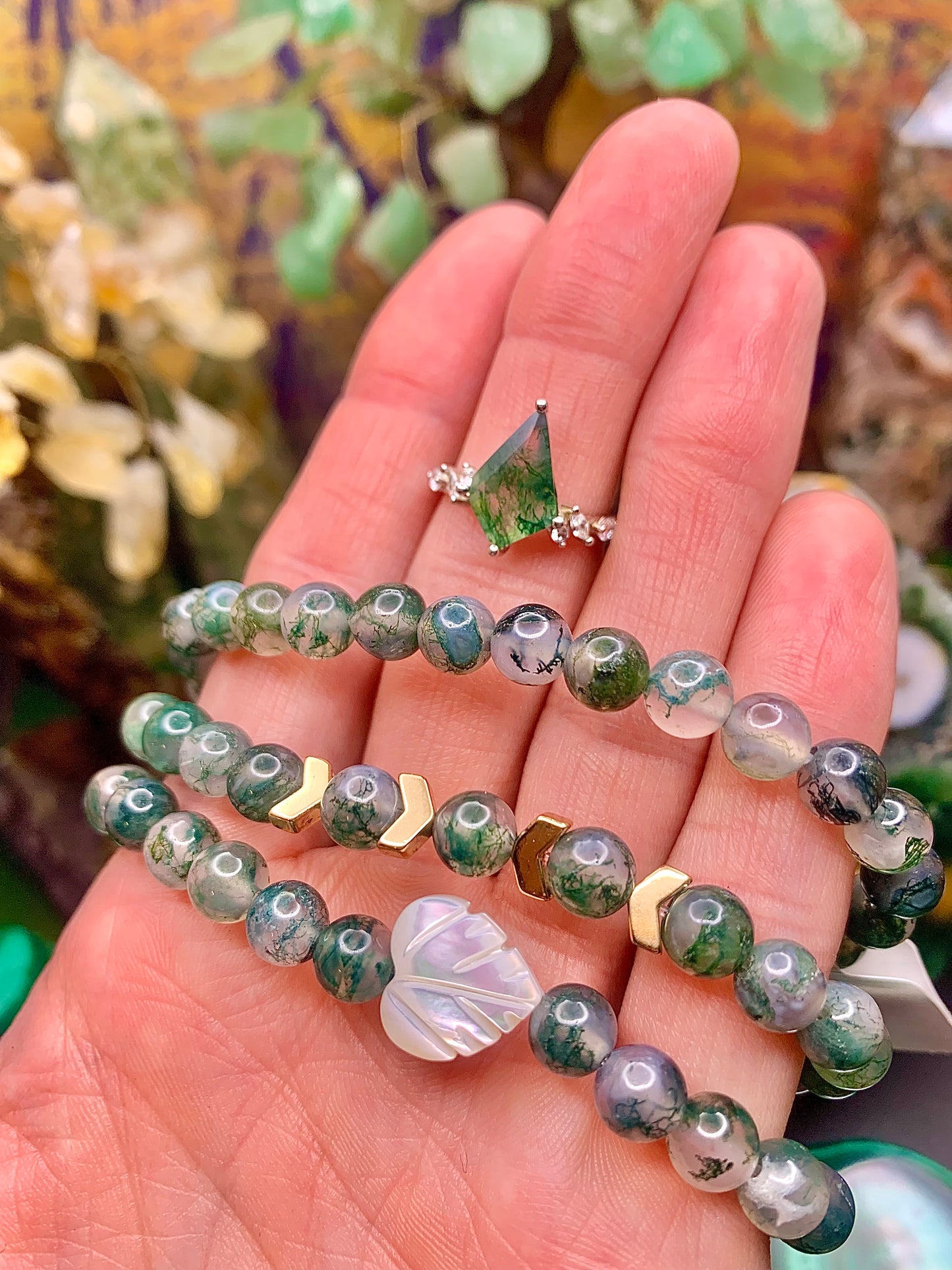 Moss Agate Round Bead Bracelet 6.5mm