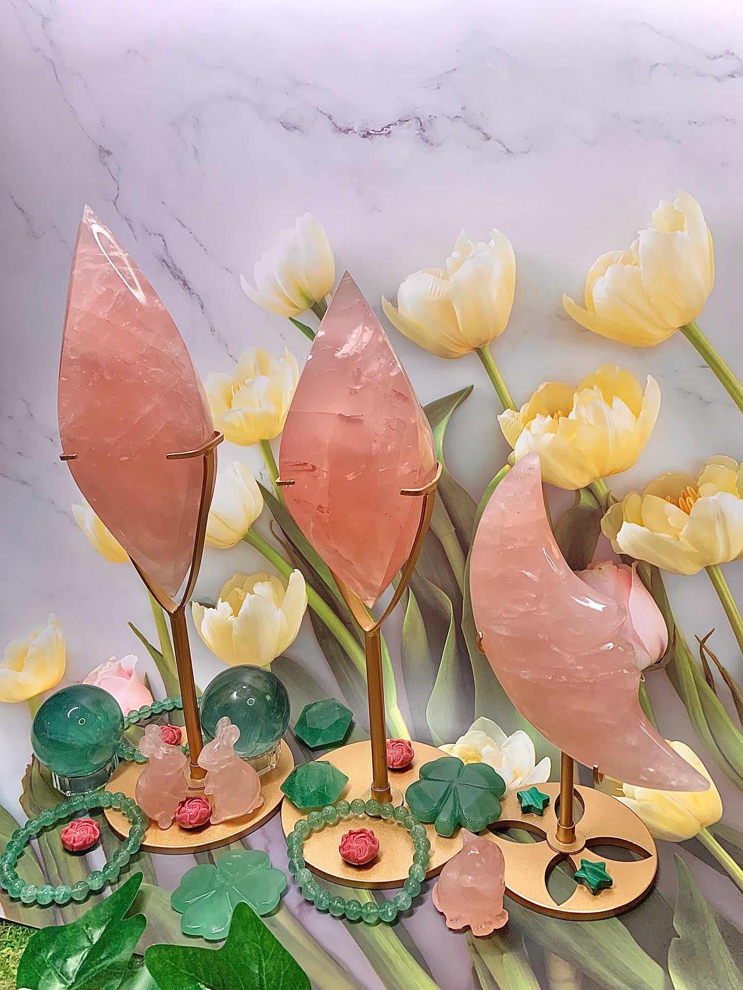 Flamingo 🦩 Pink HQ* Rose Quartz Cresent Moon Face on Stand