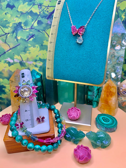 Pink Tourmaline Butterfly 🦋 with Flower Charm set in a plated Rose Gold over Alloy