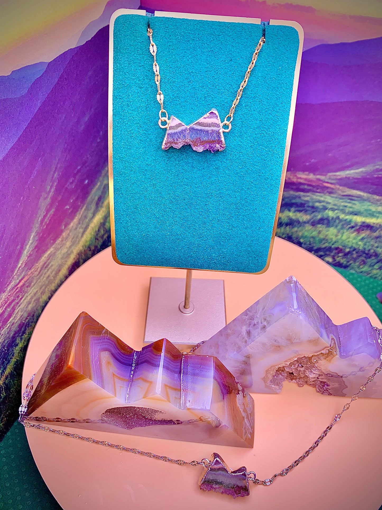 Sterling Silver Druzy Agate Mountain ⛰️ Pendant on a Sterling Chain.