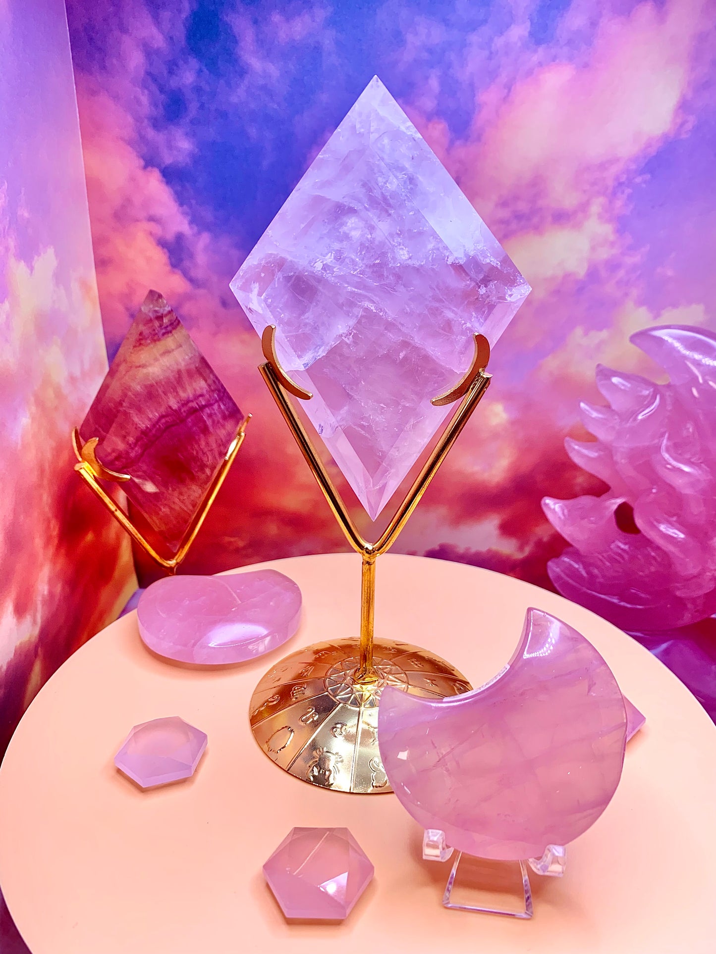 Rose Quartz Diamond Freeform on Golden Stand