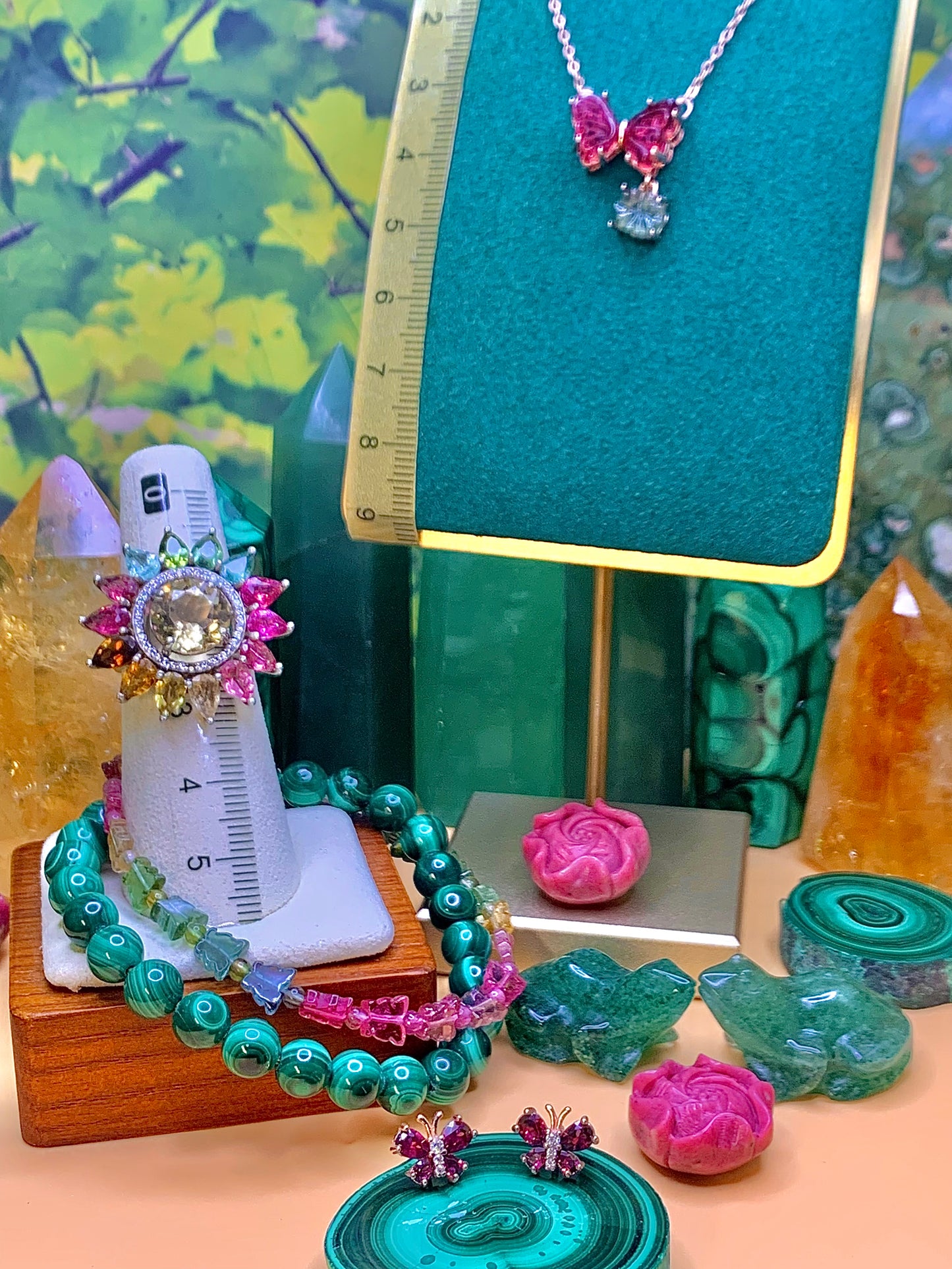 Pink Tourmaline Butterfly 🦋 with Flower Charm set in a plated Rose Gold over Alloy