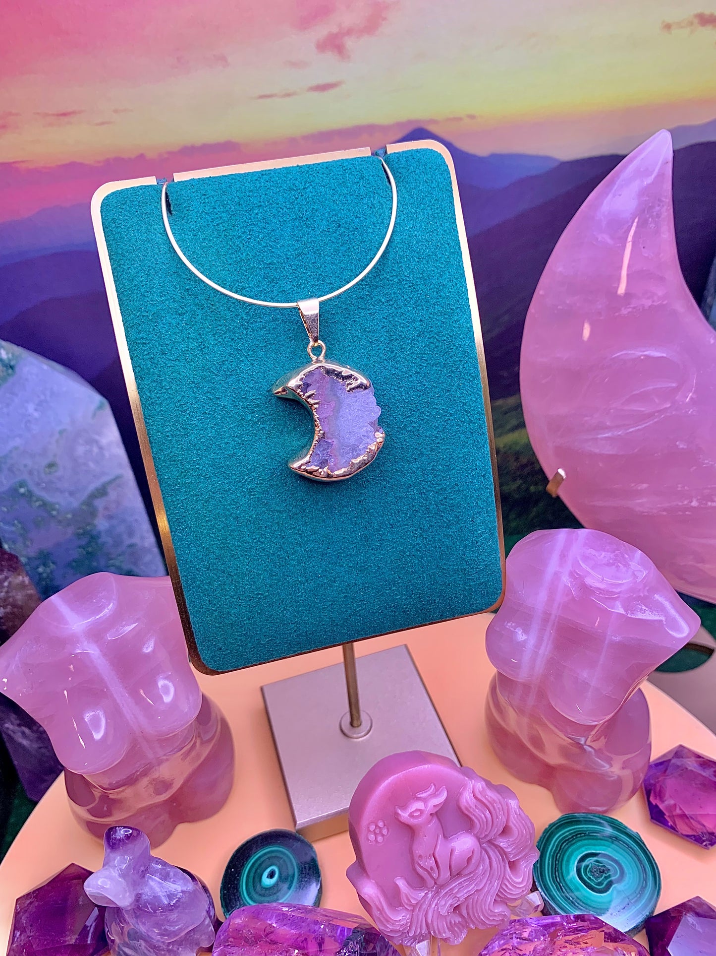 Amethyst Druzy Crescent Moon Pendant (Sterling Silver)