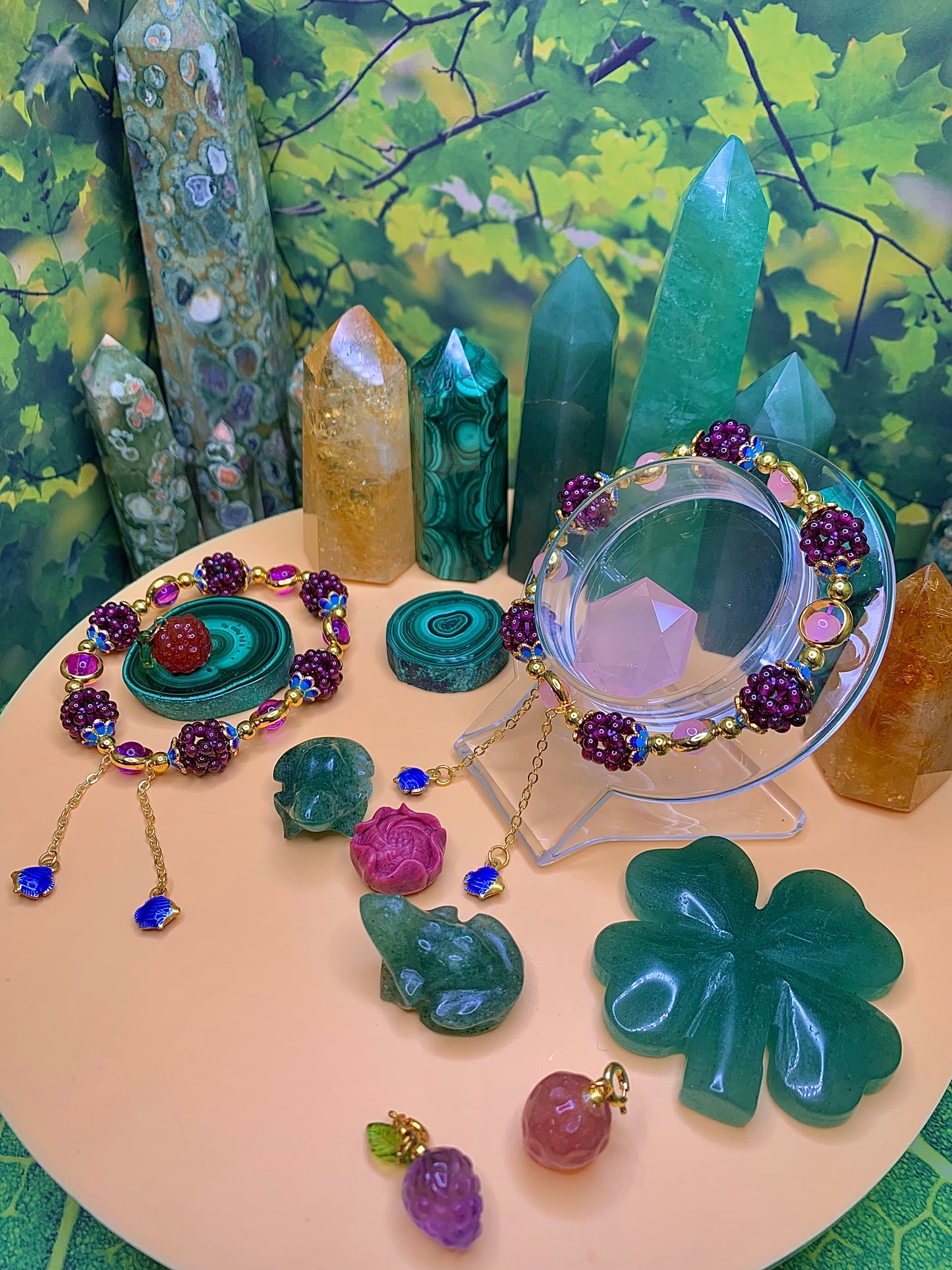 Purple Garnet Berry Bracelet With Pink Chalcedony and Gold Colored Accents