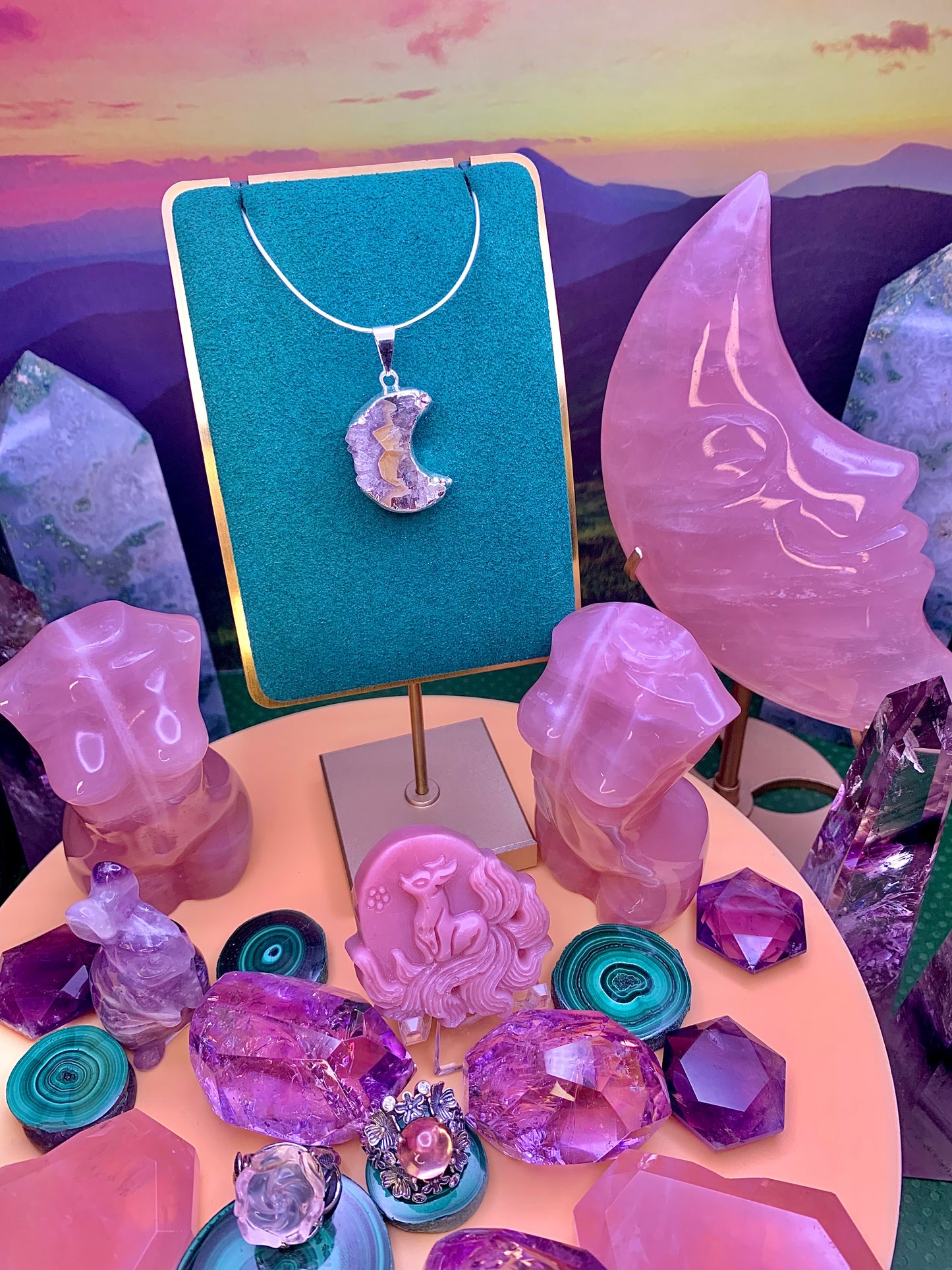 Amethyst Druzy Crescent Moon Pendant (Sterling Silver)