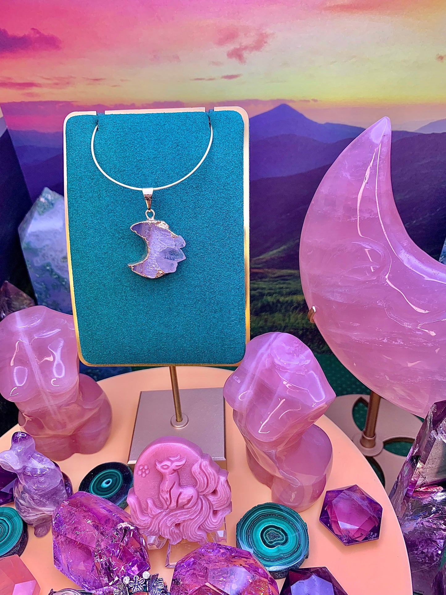 Amethyst Druzy Crescent Moon Pendant (Gold)