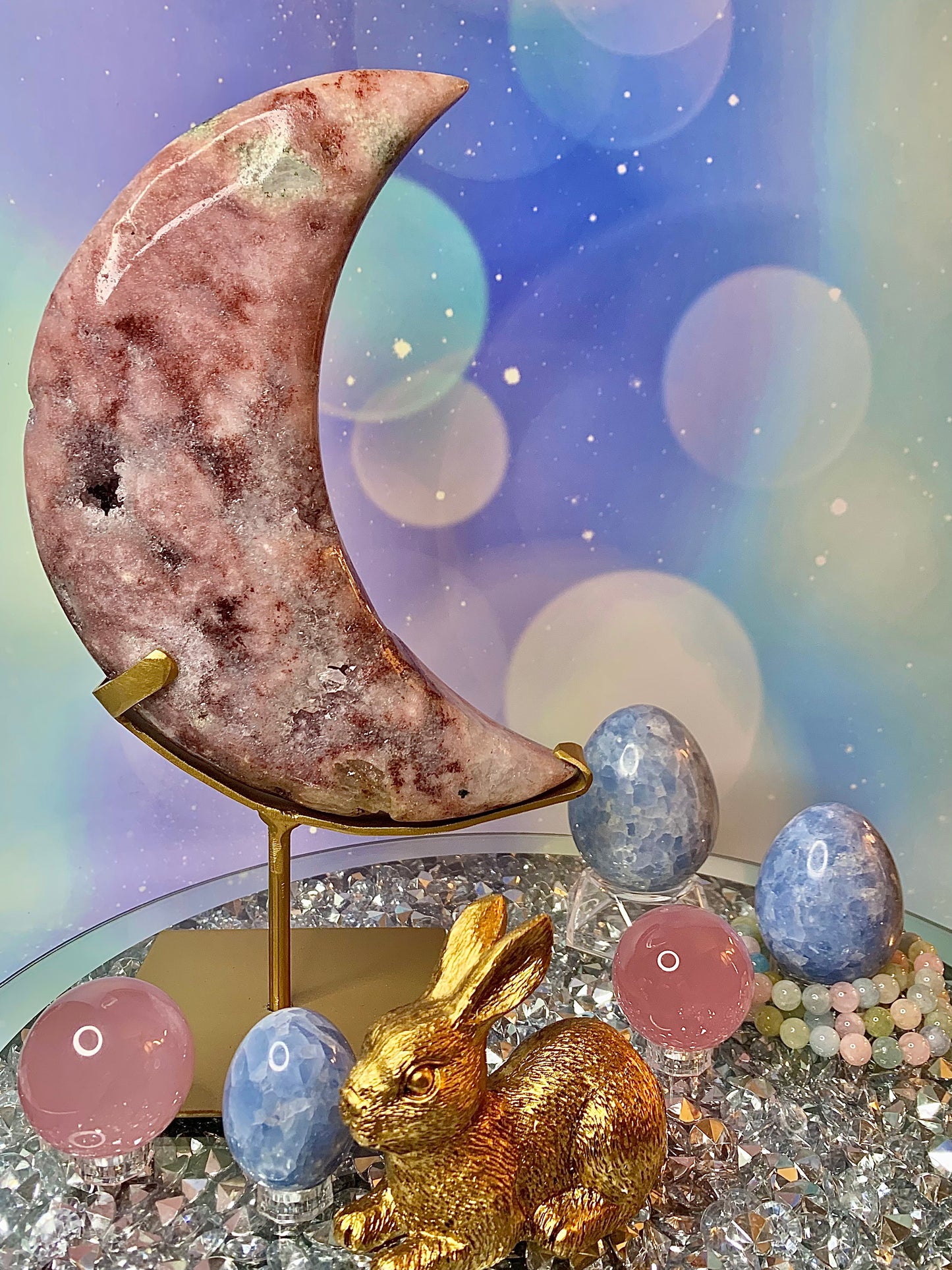 Brazilian Pink Amethyst with Green Jasper Crescent 🌙 Moon On Stand