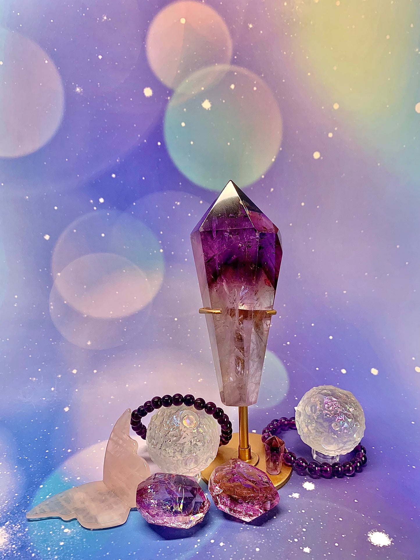 Amethyst Torch Wand on Golden Stand