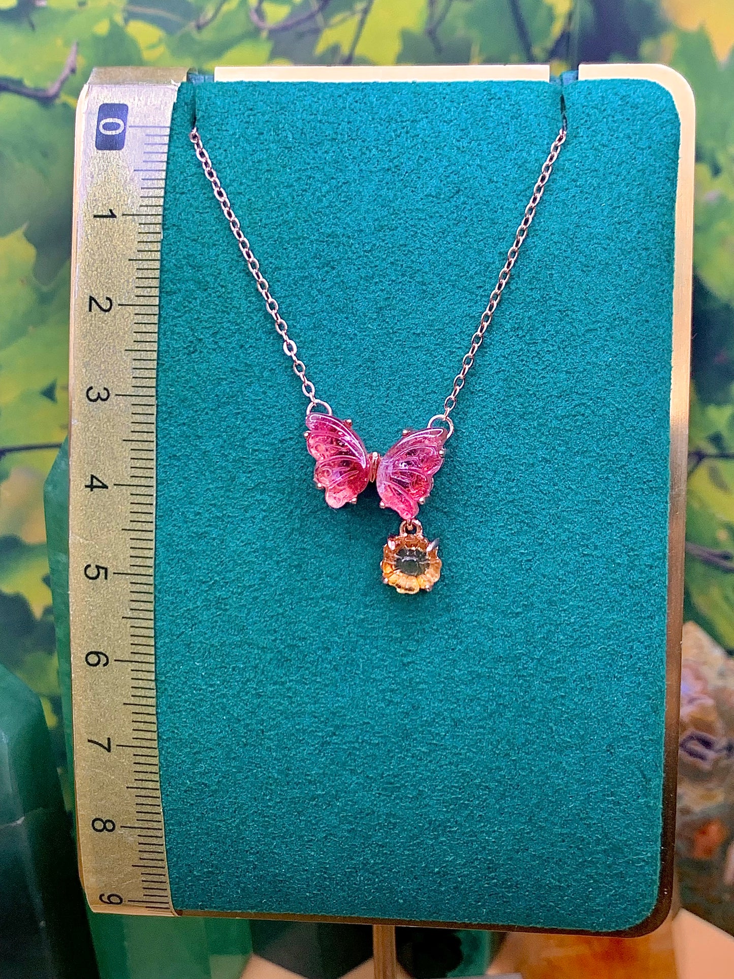 Pink Tourmaline Butterfly 🦋 with Flower Charm set in a plated Rose Gold over Alloy