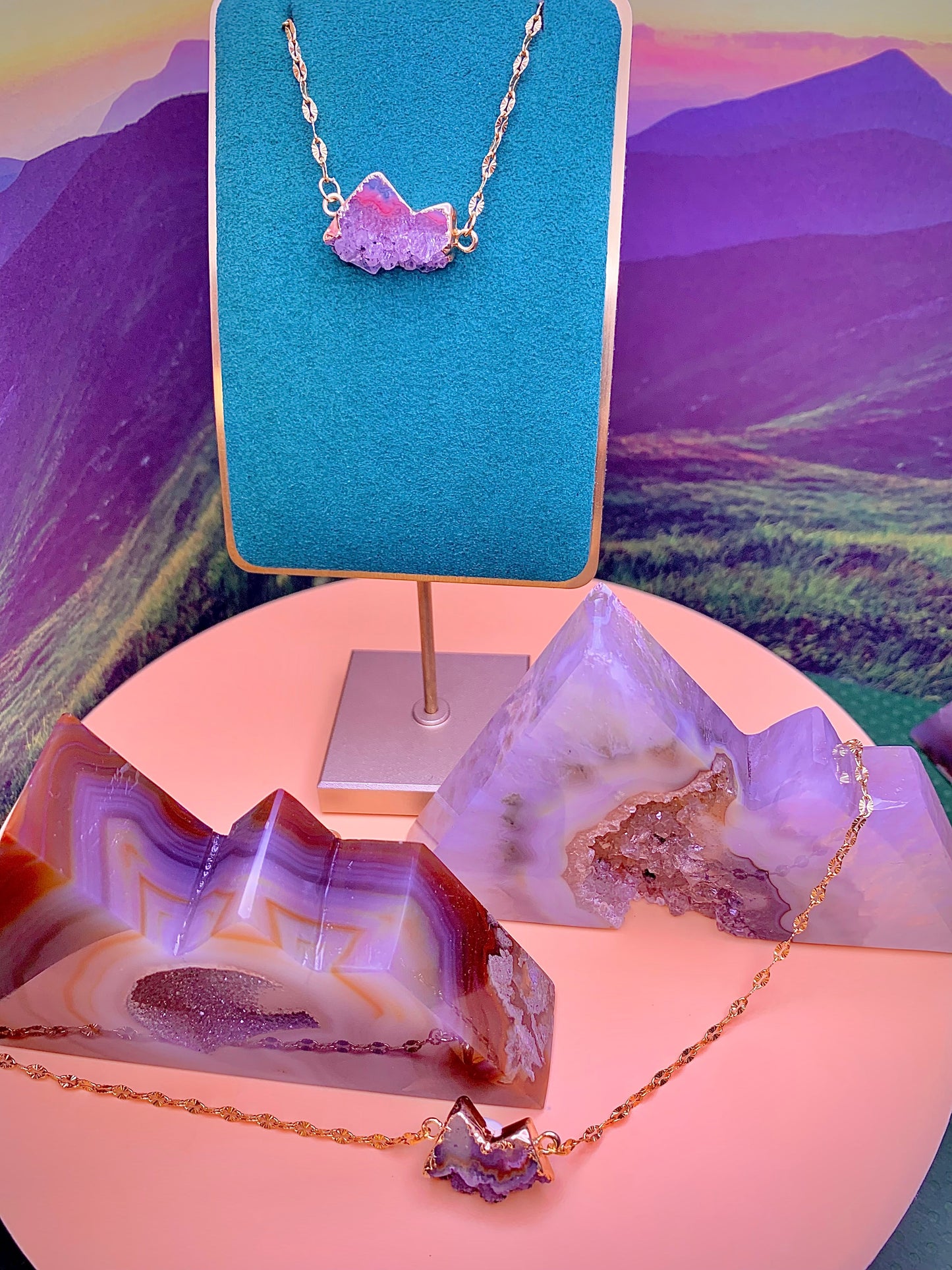 Sterling Silver Druzy Agate Mountain ⛰️ Pendant on a Sterling Chain.