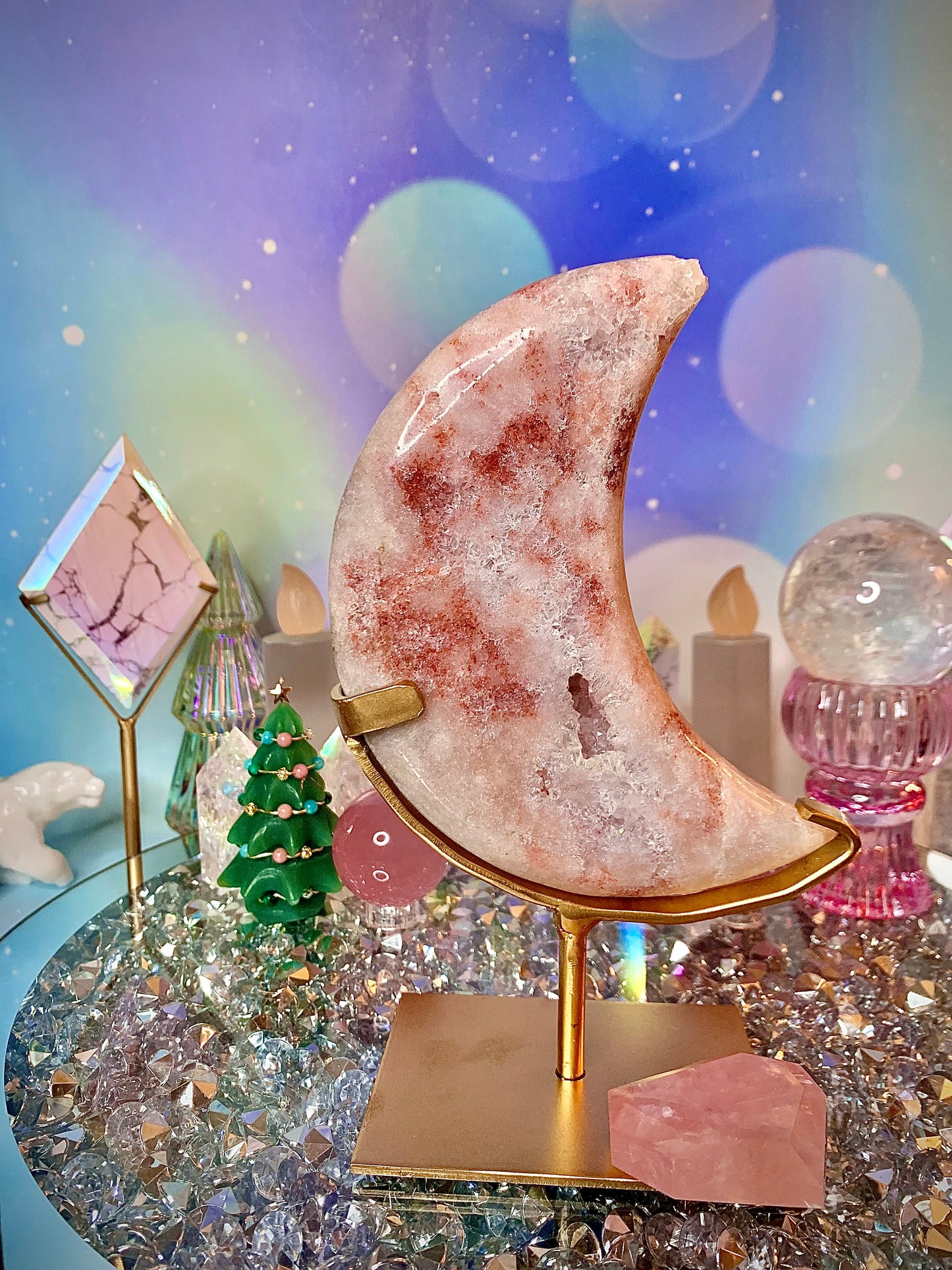 Pink Amethyst Crescent Moon ๐ on Stand