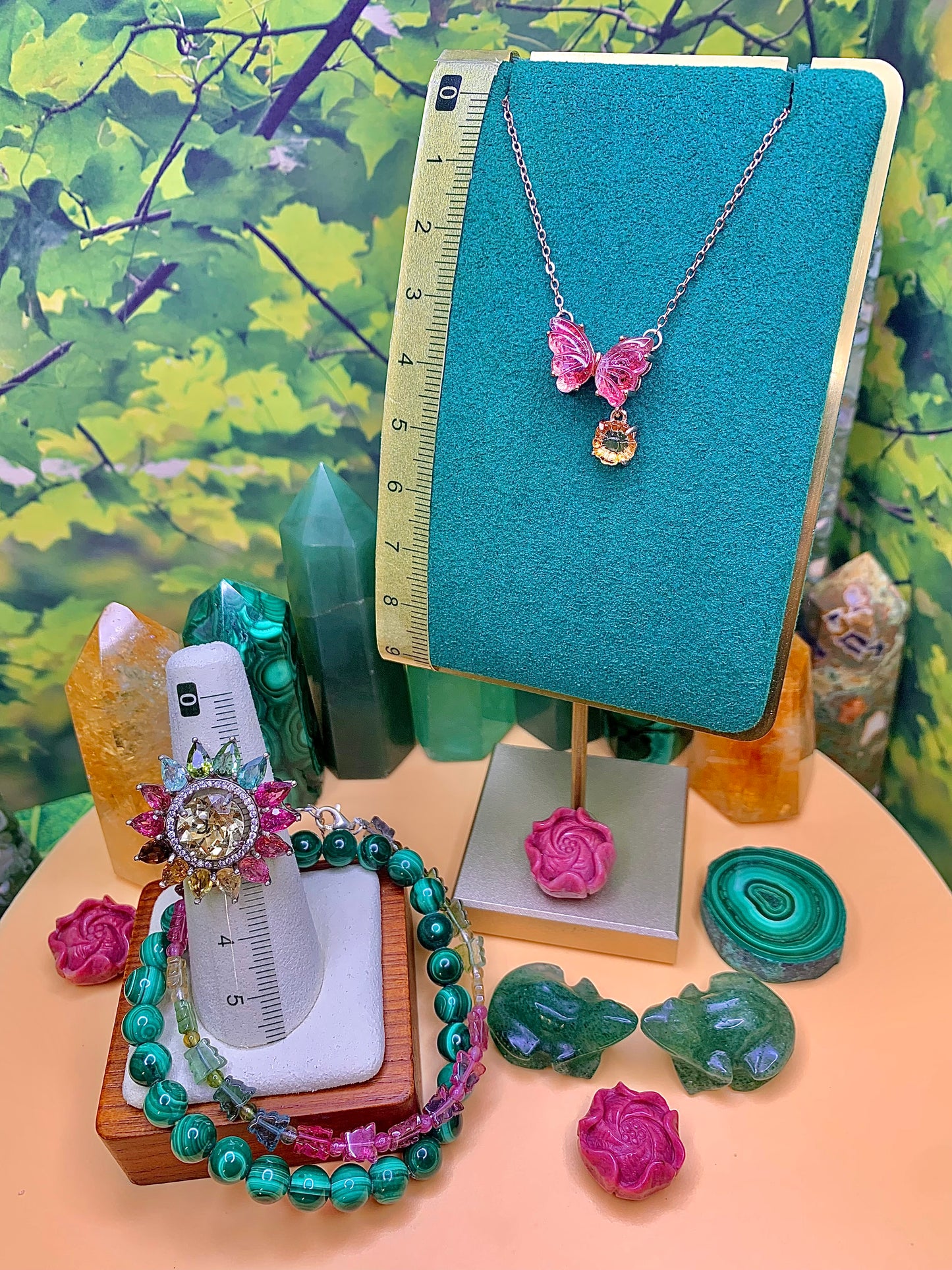 Pink Tourmaline Butterfly 🦋 with Flower Charm set in a plated Rose Gold over Alloy