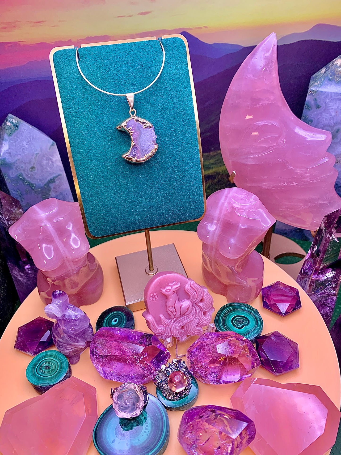 Amethyst Druzy Crescent Moon Pendant (Gold)