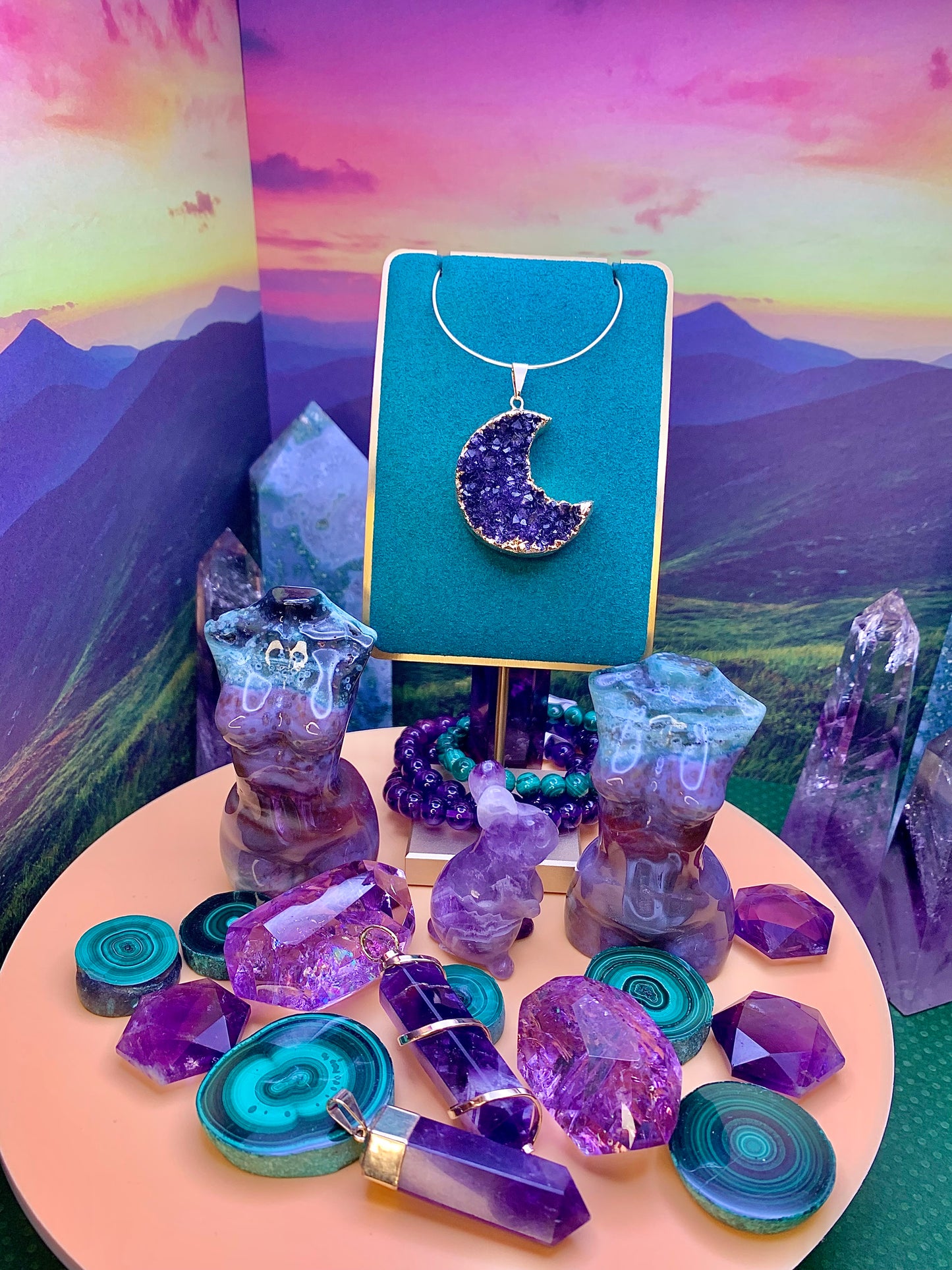 Druzy Amethyst Moon 🌙 Pendant set in Gold Plating