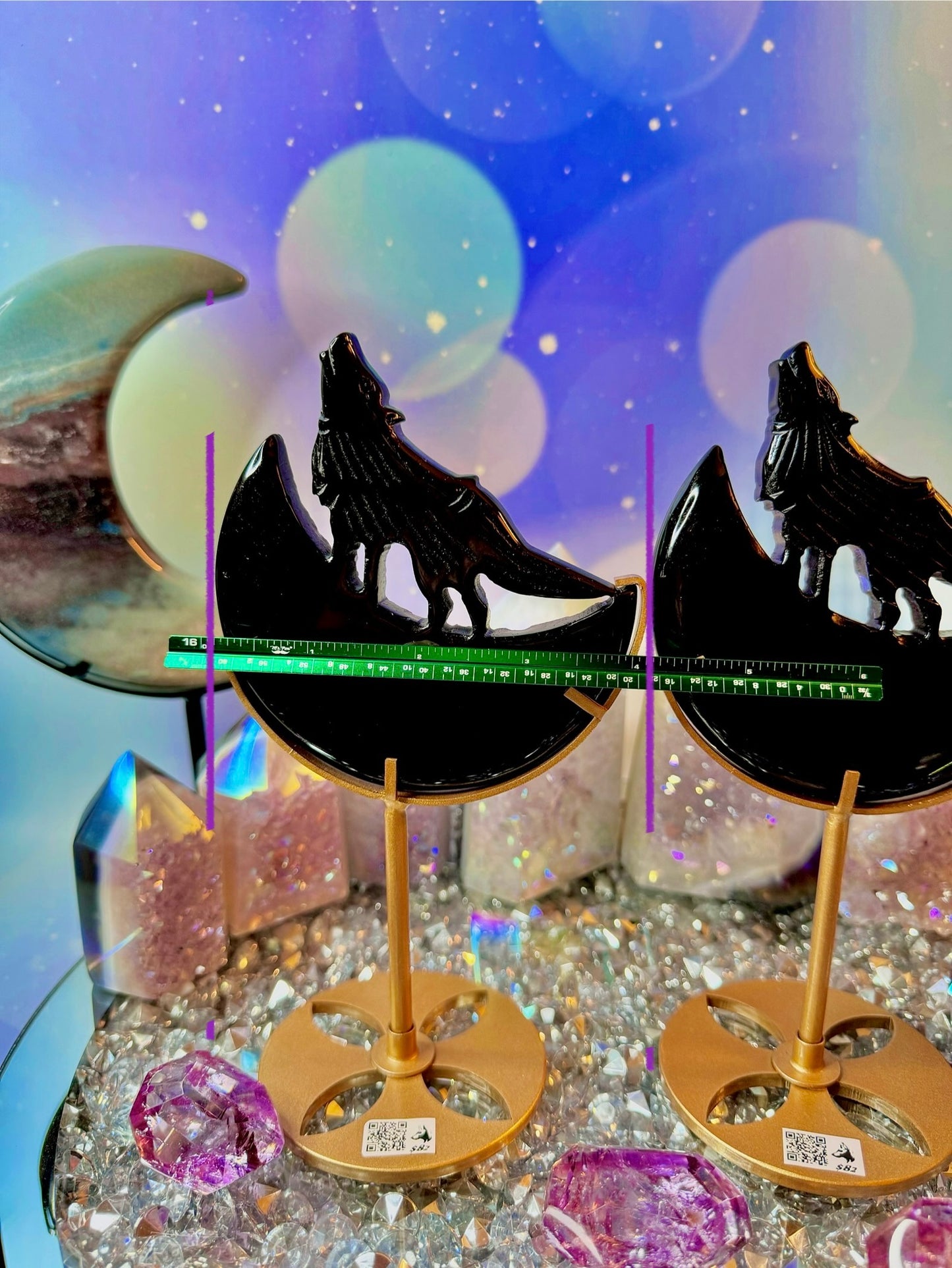 Black Obsidian Wolf Howling on a Crescent ๐ Moon with Stand