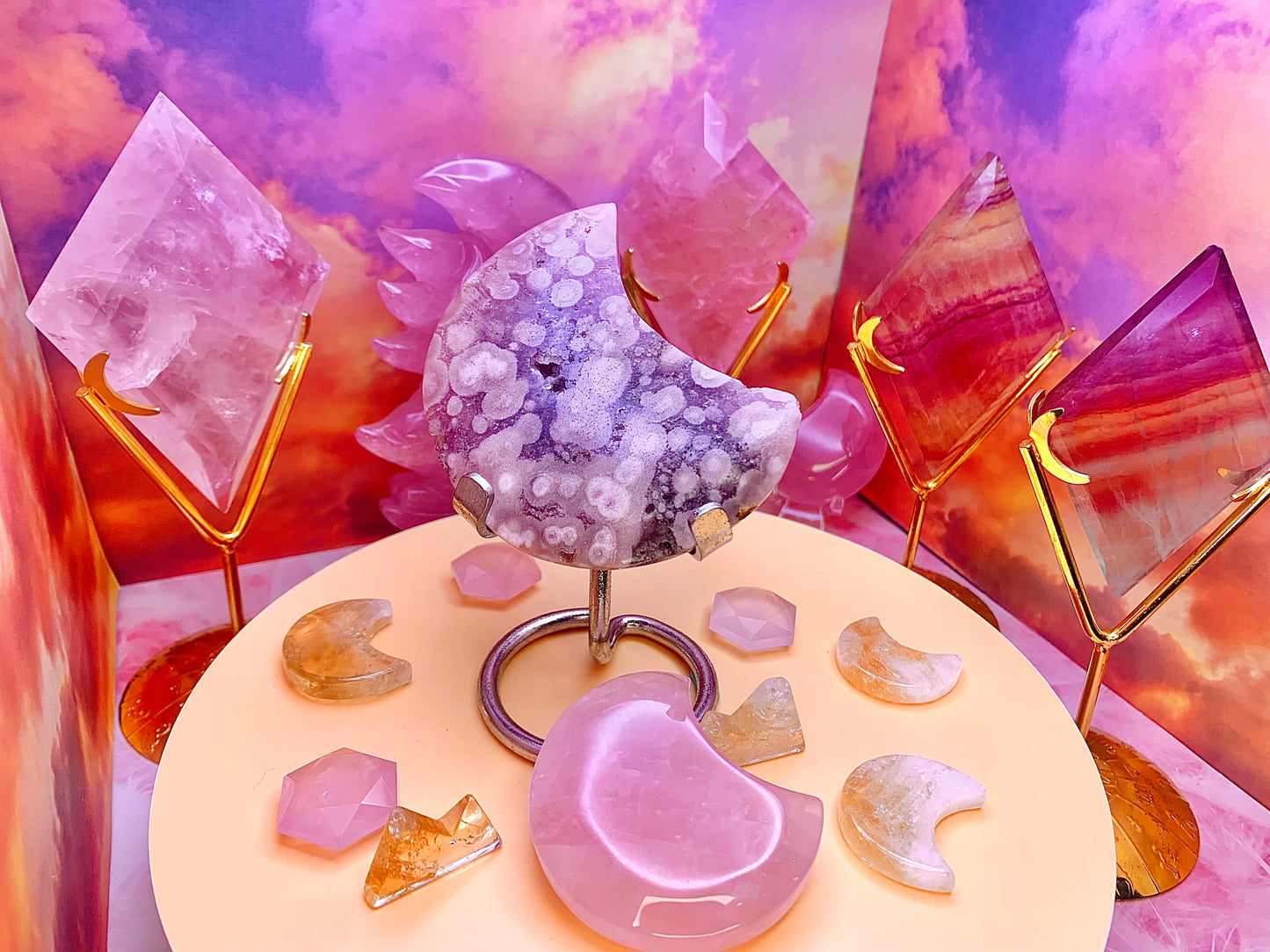 Pink Amethyst & Flower Agate Moon 🌙 on Stand