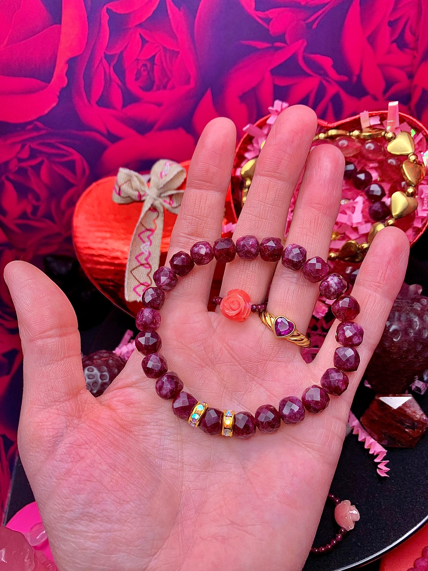 Garnet Faceted Cube Bracelet 8-9mm with Rhinestone Spacer Accents