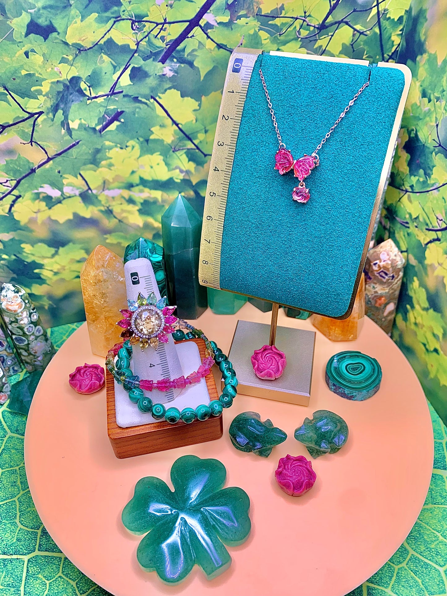 Pink Tourmaline Butterfly 🦋 with Flower Charm set in a plated Rose Gold over Alloy