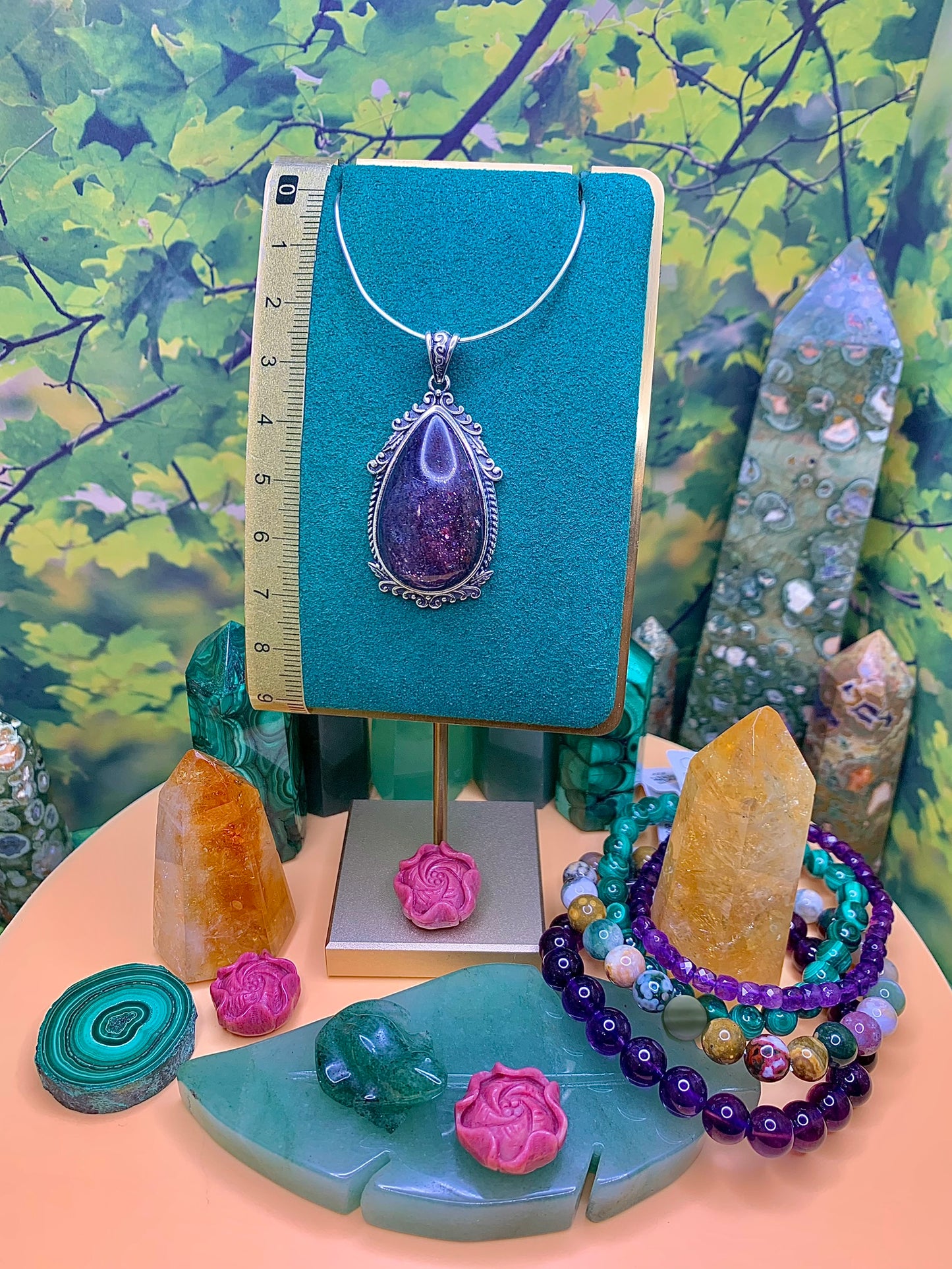 Iolite with Confetti Sunstone Pendant set in Sterling Silver (Vintage Style)