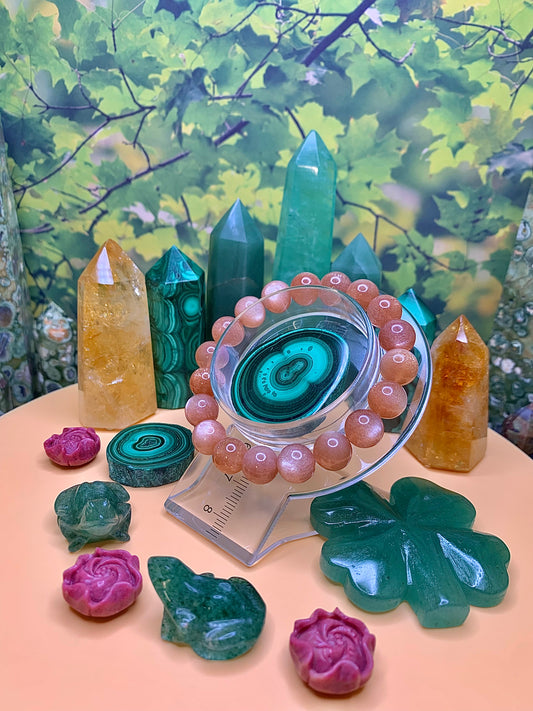 Peach Moonstone Round Bead Bracelet 10mm