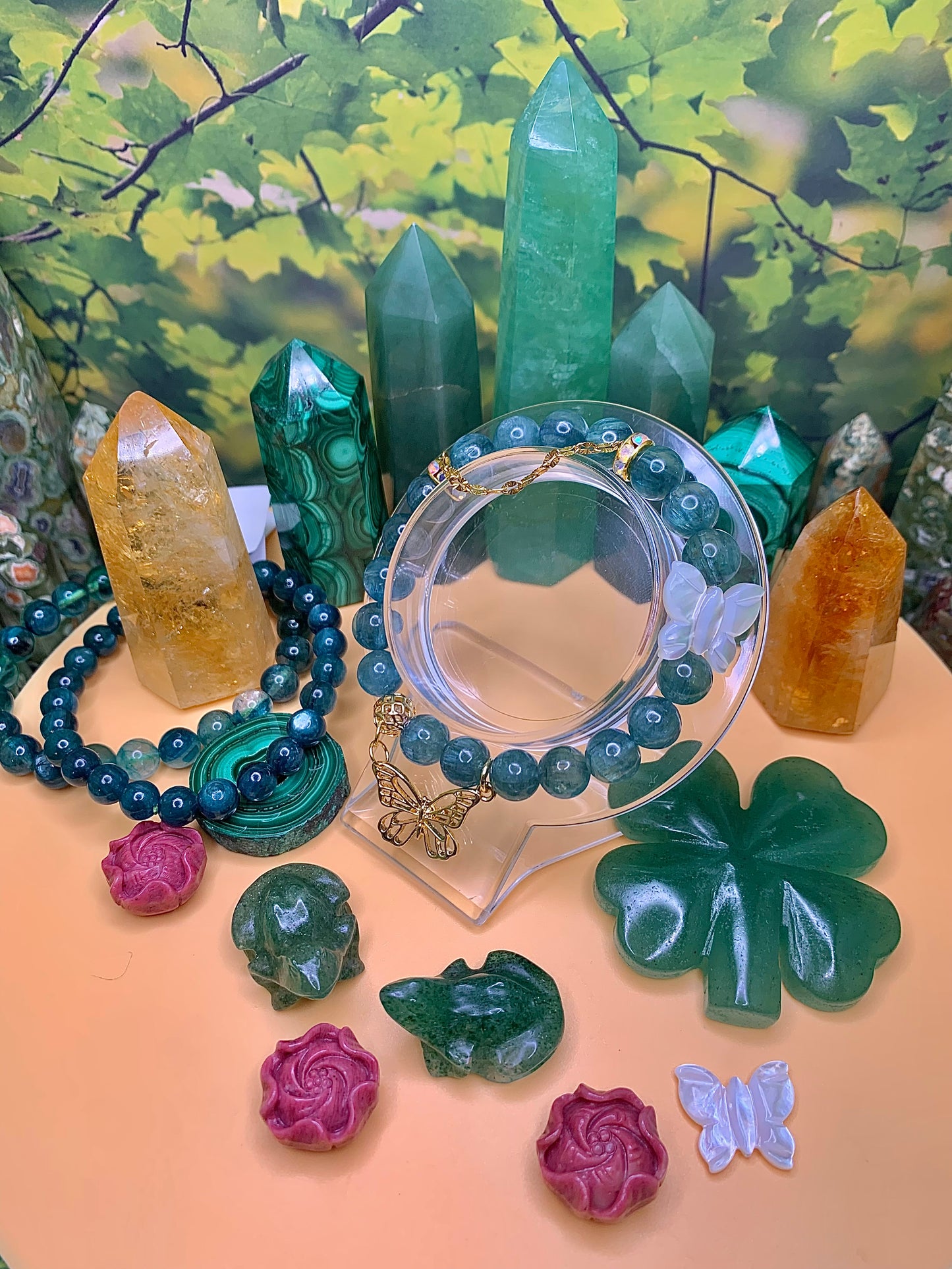 Aqua Blue/Green Kyanite Round Bead Bracelet with Pearl & Gold Butterfly Accents