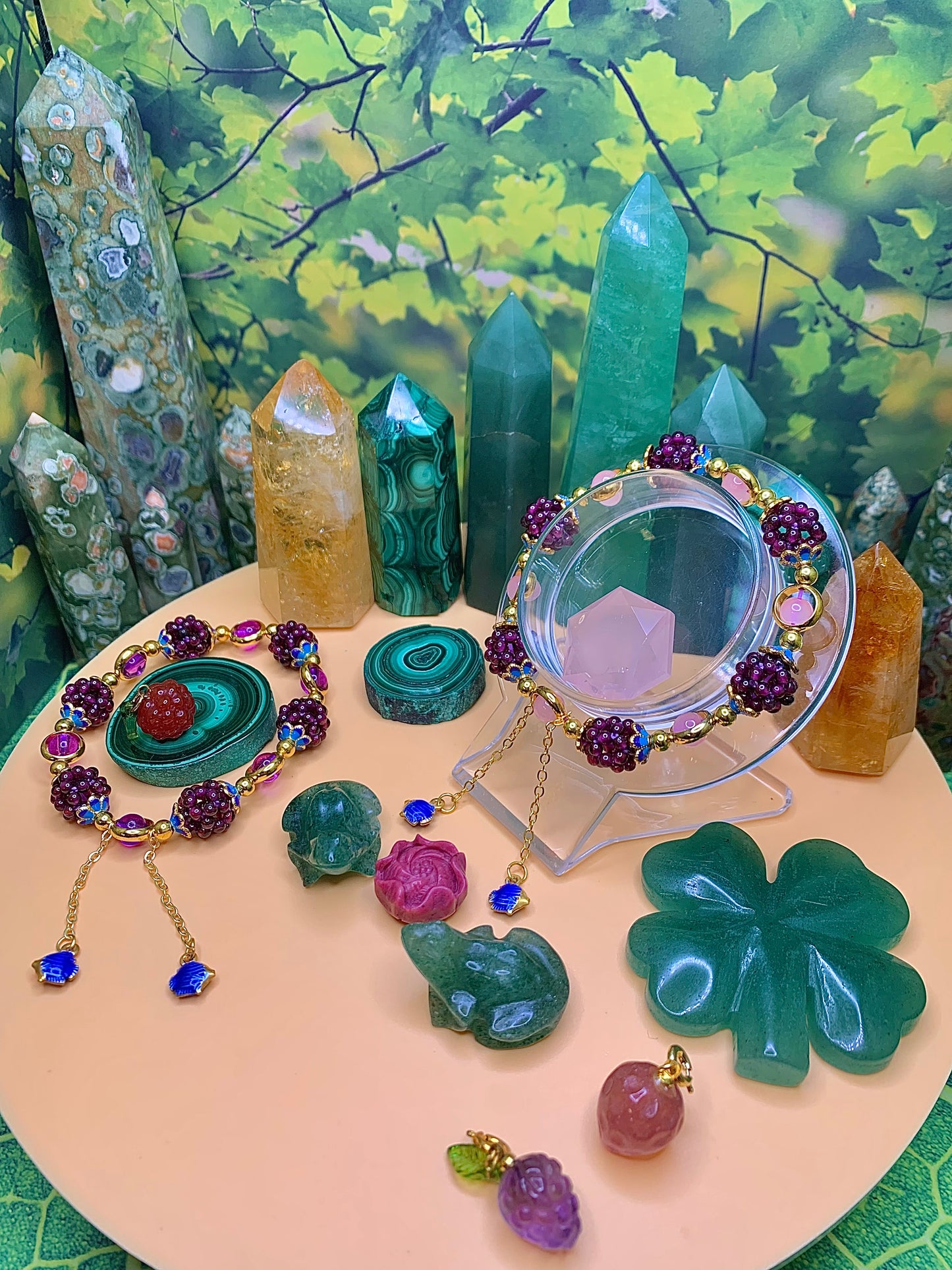 Purple Garnet Berry Bracelet With Pink Chalcedony and Gold Colored Accents