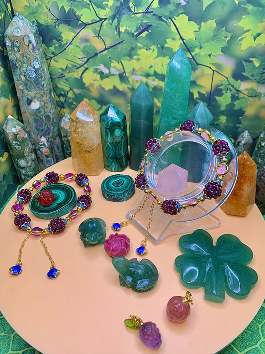 Purple Garnet Berry Bracelet With Pink Chalcedony and Gold Colored Accents