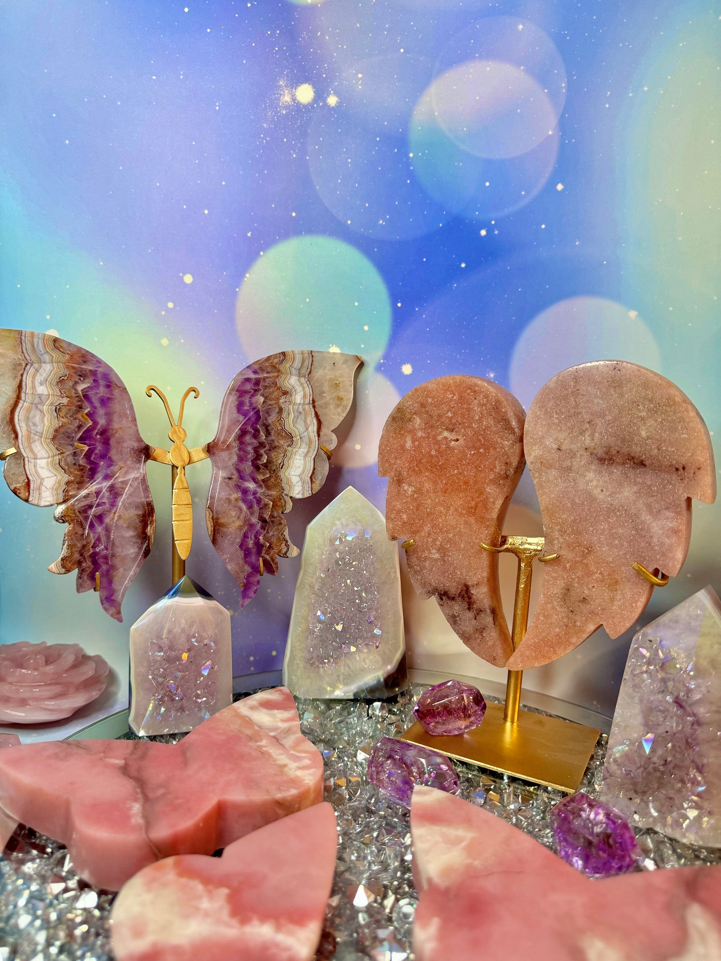 Pink Amethyst Angel Wings on Stand