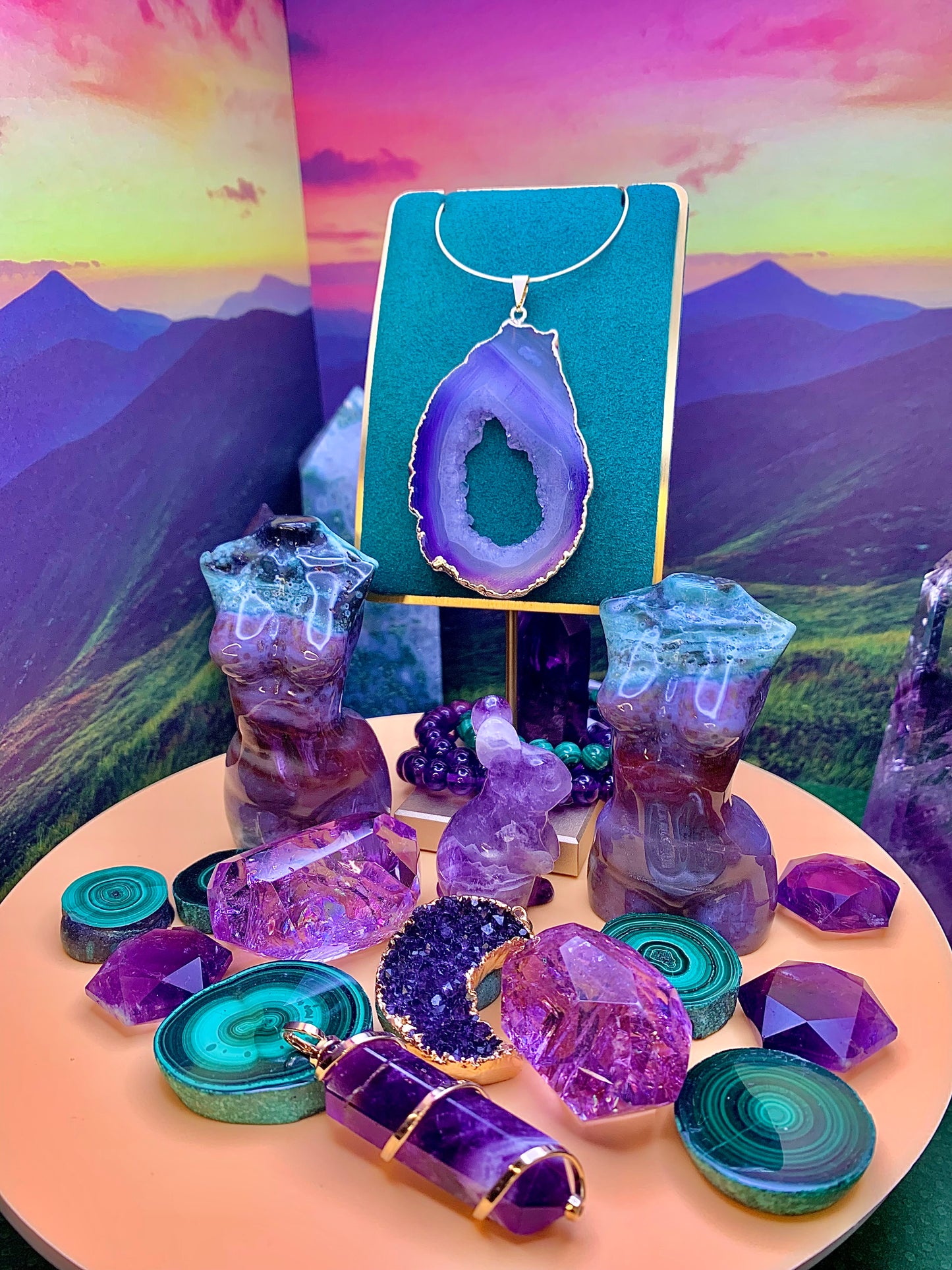 Druzy Agate Slice Pendant with Gold Trim Plating