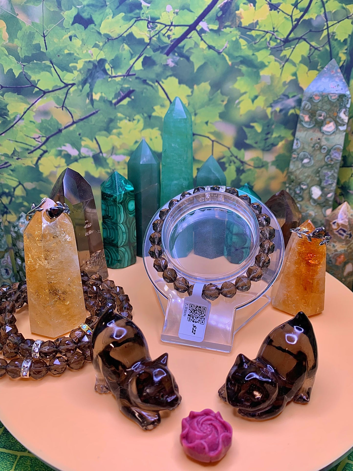 Smoky Quartz Faceted Bead Bracelet 8-8.5mm with Silver Rhinestone Spacers