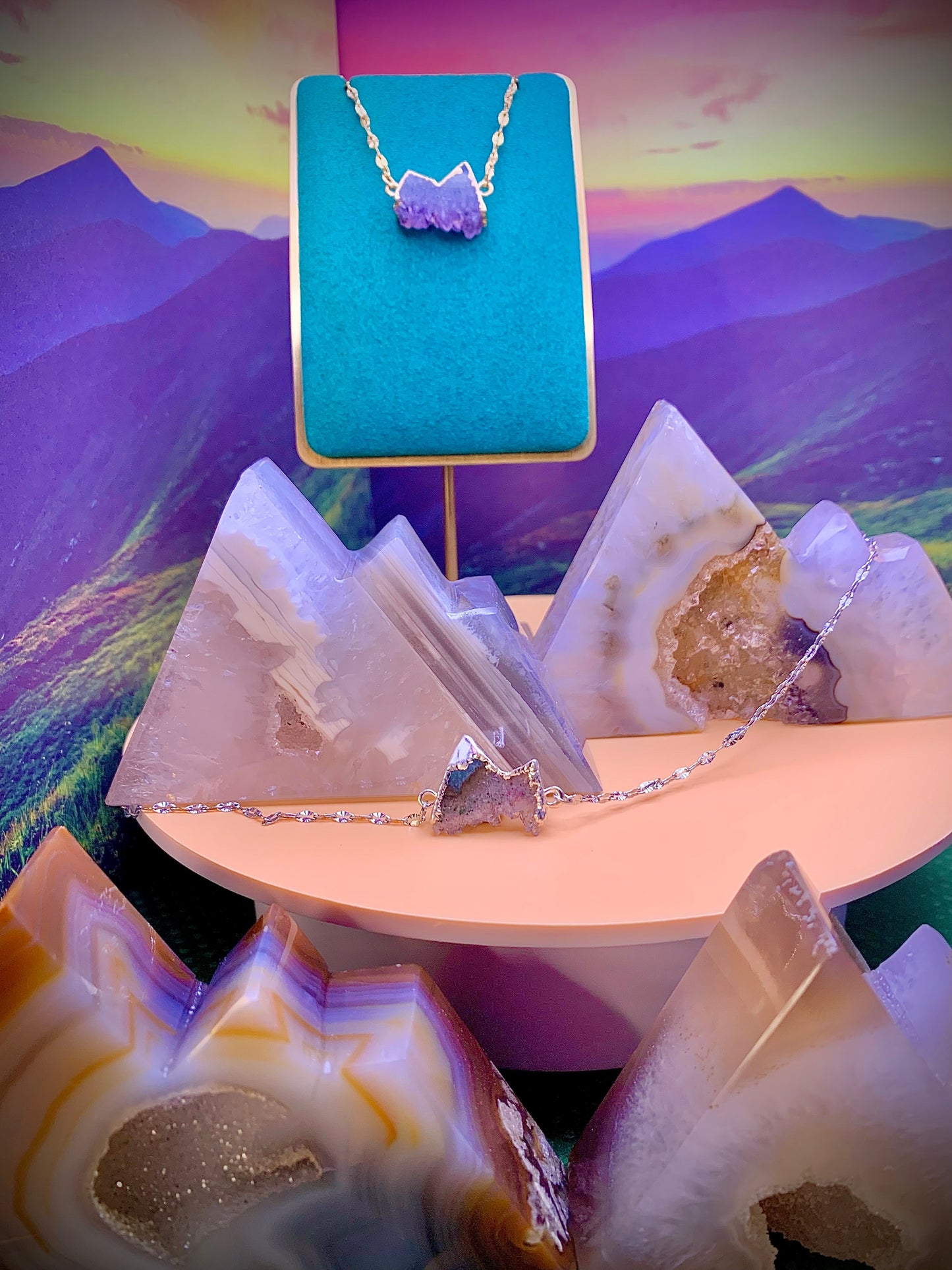 Sterling Silver Druzy Agate Mountain ⛰️ Pendant on a Sterling Chain.