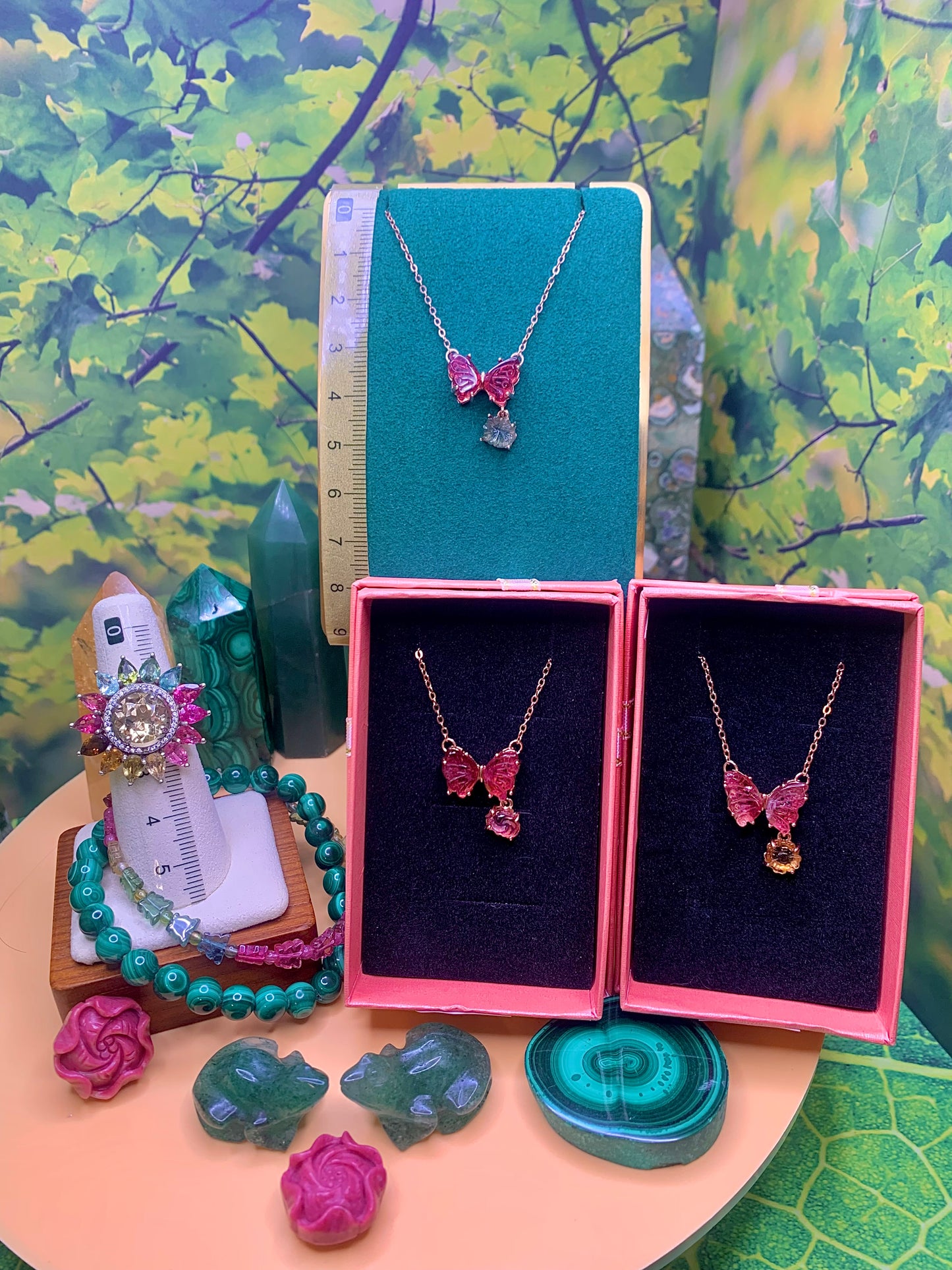 Pink Tourmaline Butterfly 🦋 with Flower Charm set in a plated Rose Gold over Alloy