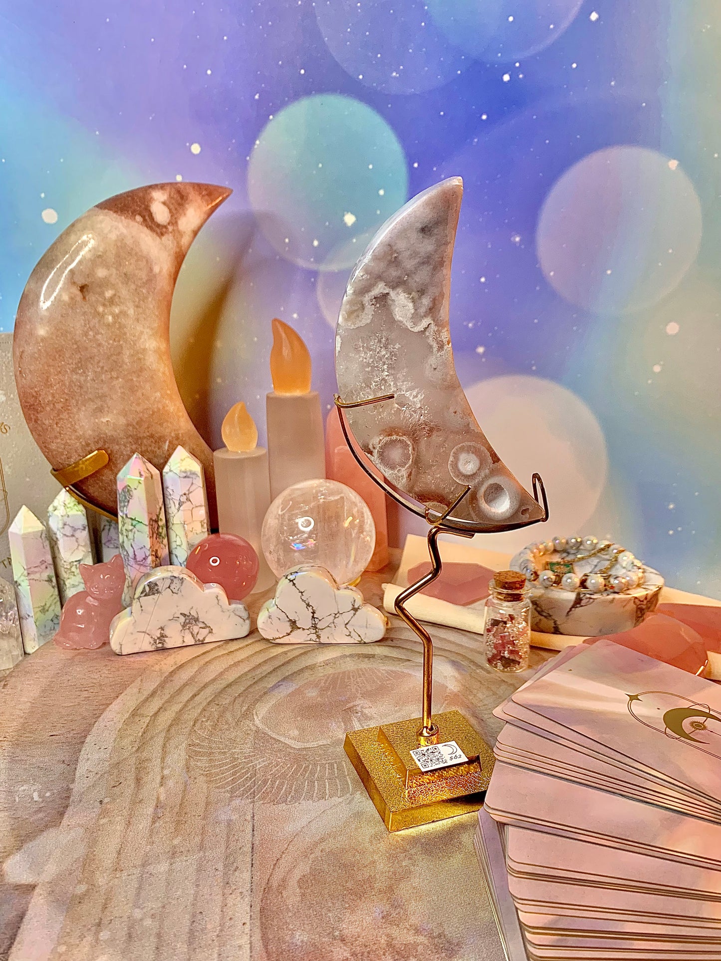 Pink Amethyst with Flower Agate Crescent 🌙 Moon in Stand