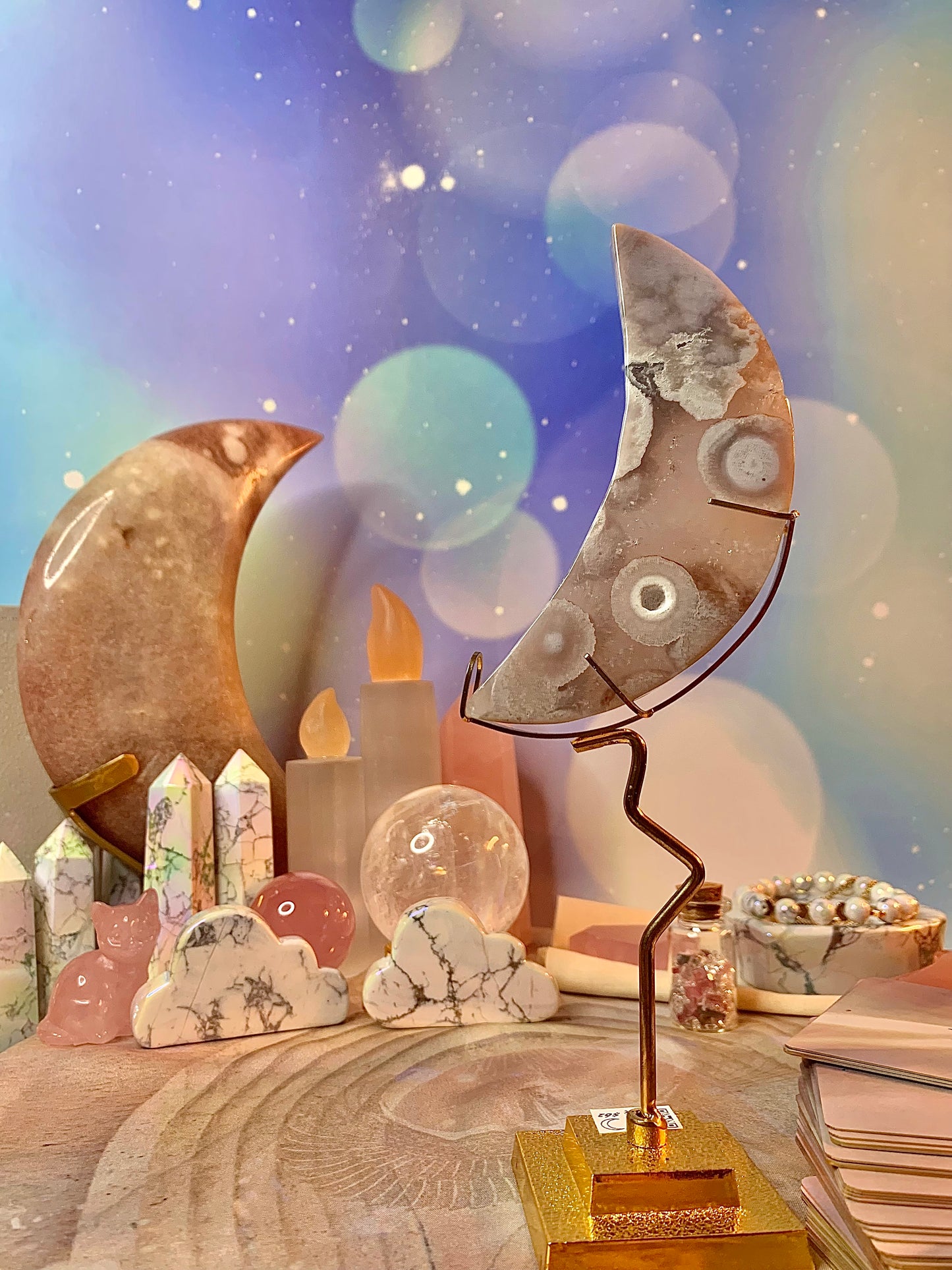 Pink Amethyst with Flower Agate Crescent 🌙 Moon in Stand