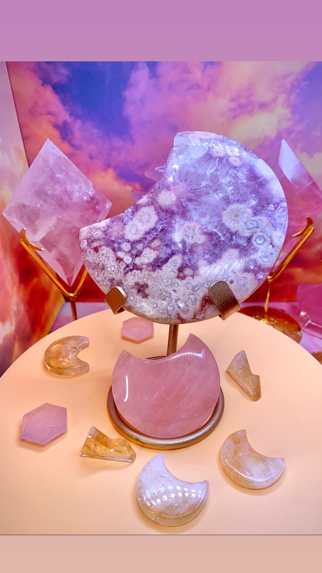 Pink Amethyst & Flower Agate Moon 🌙 on Golden Stand