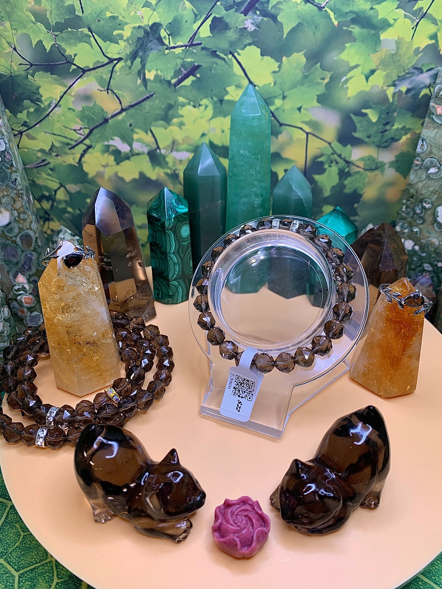 Smoky Quartz Faceted Bead Bracelet 8-8.5mm with Silver Rhinestone Spacers