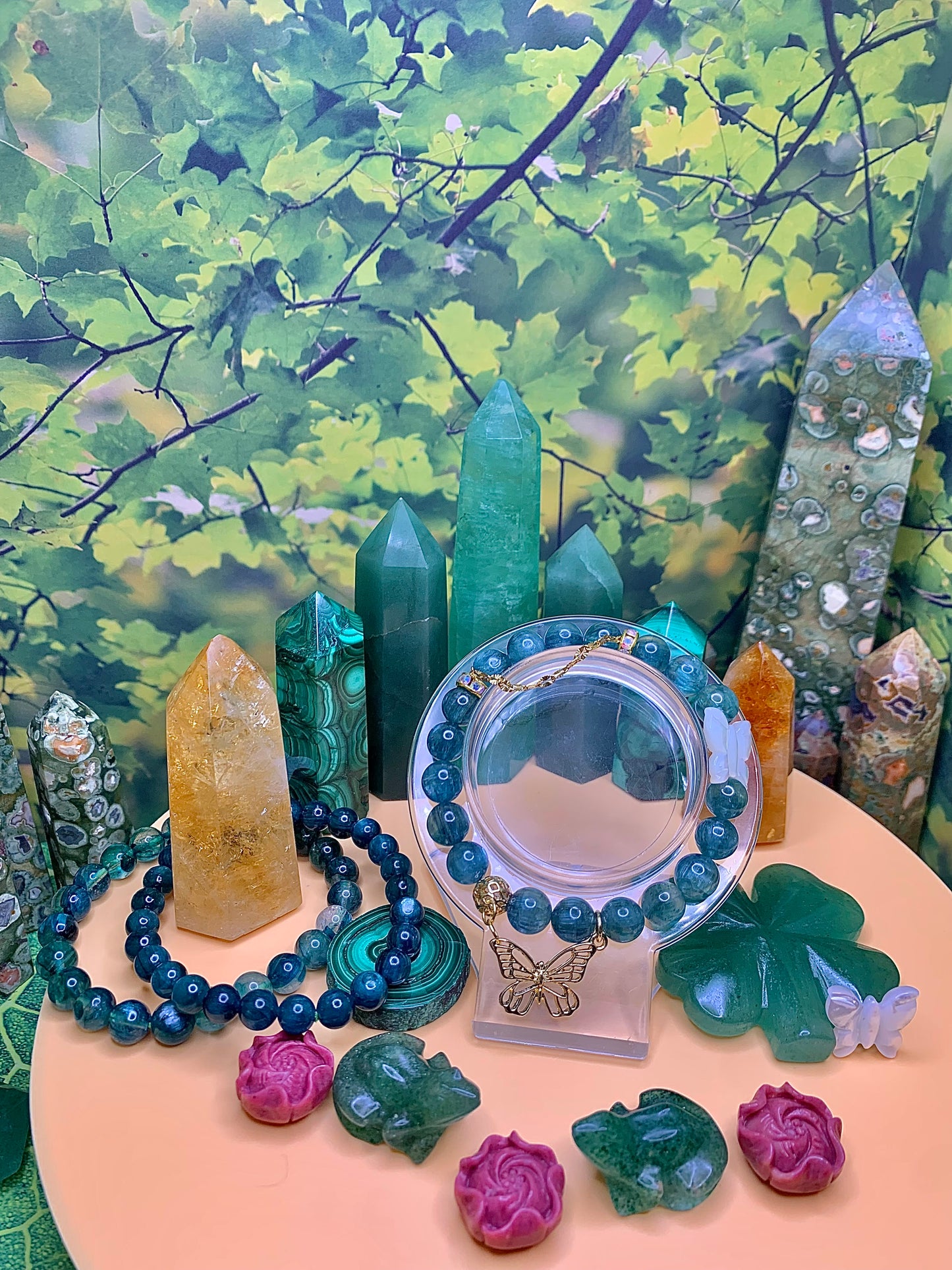 Aqua Blue/Green Kyanite Round Bead Bracelet with Pearl & Gold Butterfly Accents