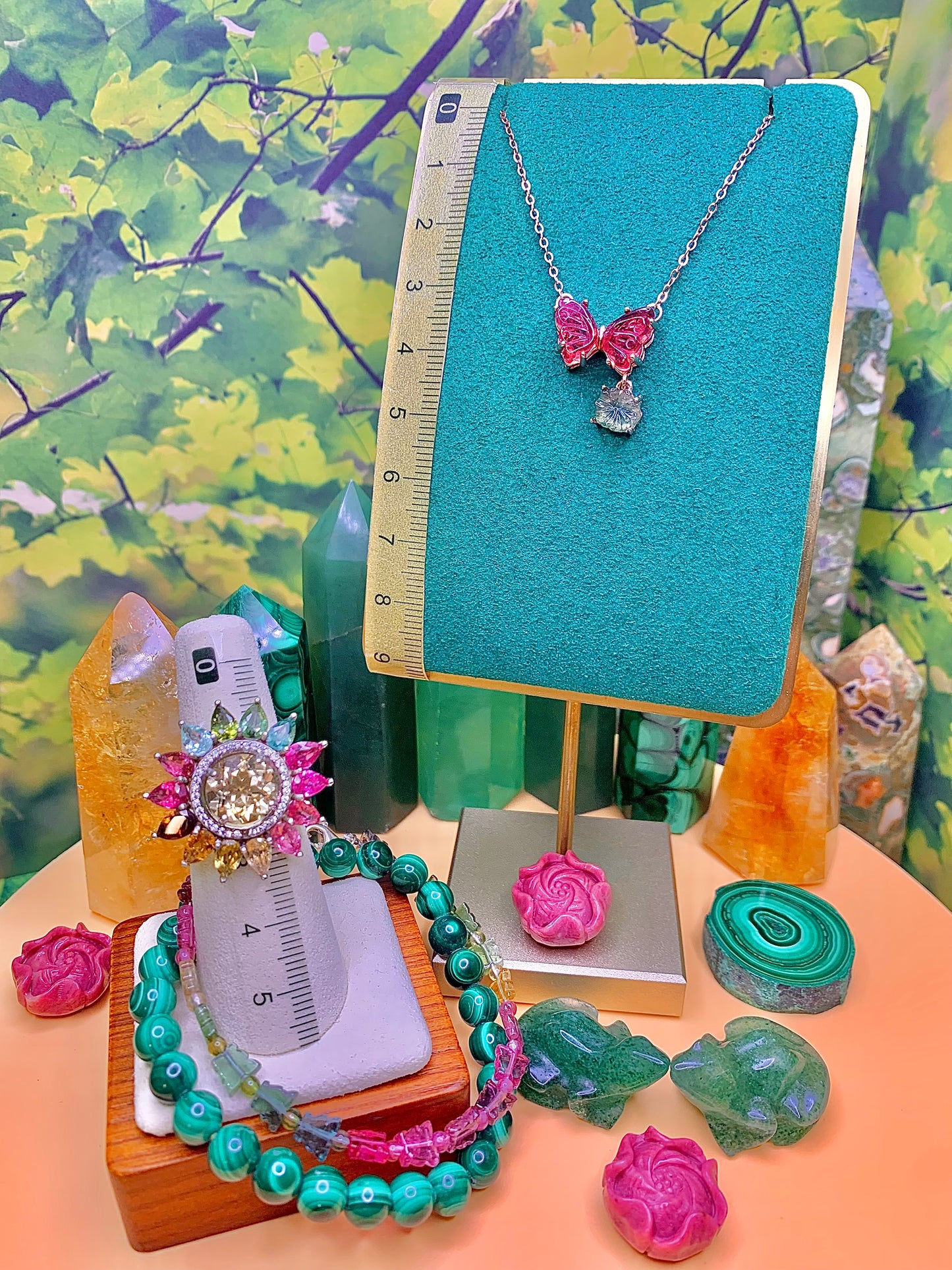 Pink Tourmaline Butterfly 🦋 with Flower Charm set in a plated Rose Gold over Alloy