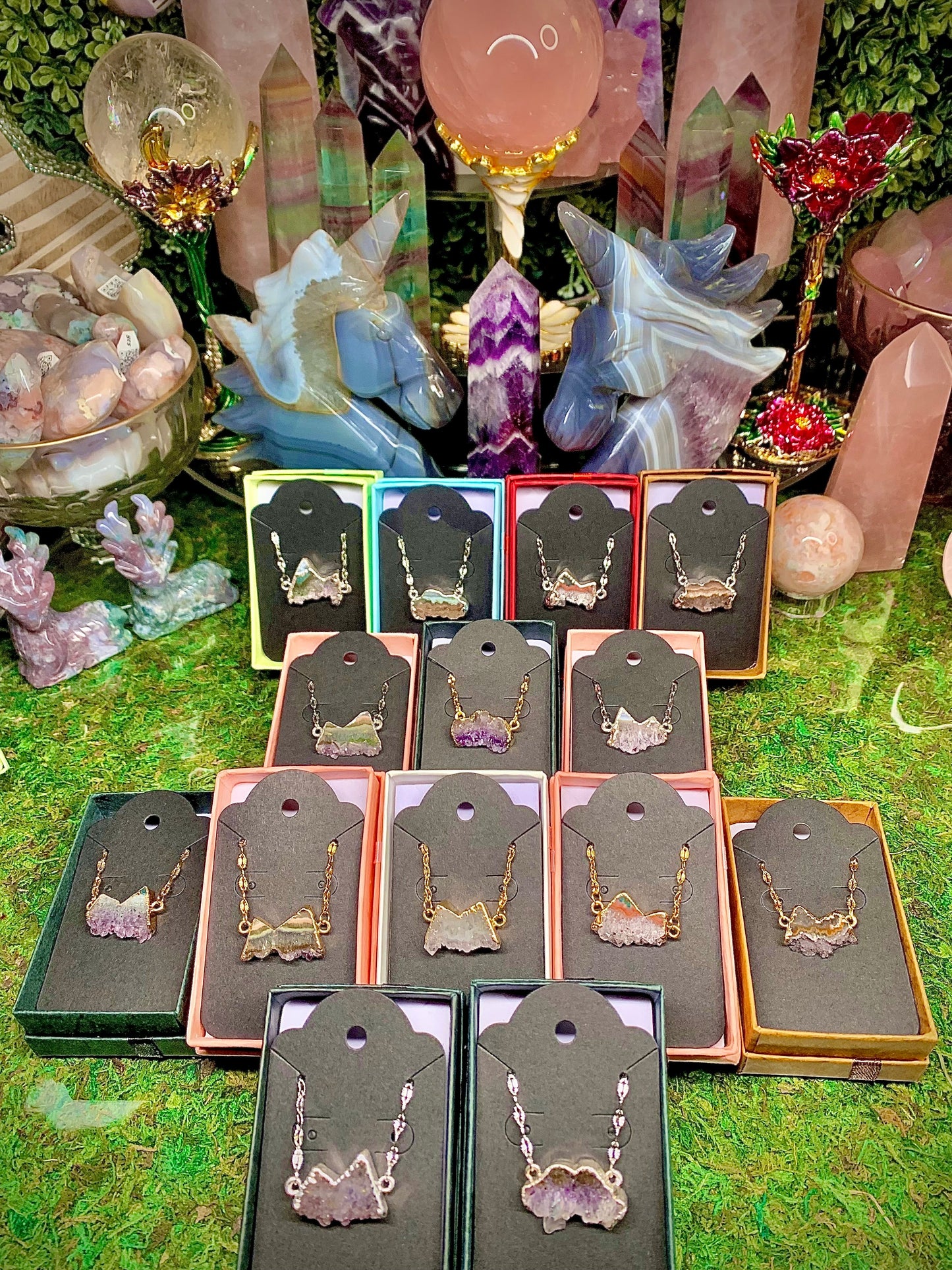 Sterling Silver Druzy Agate Mountain ⛰️ Pendant on a Sterling Chain.